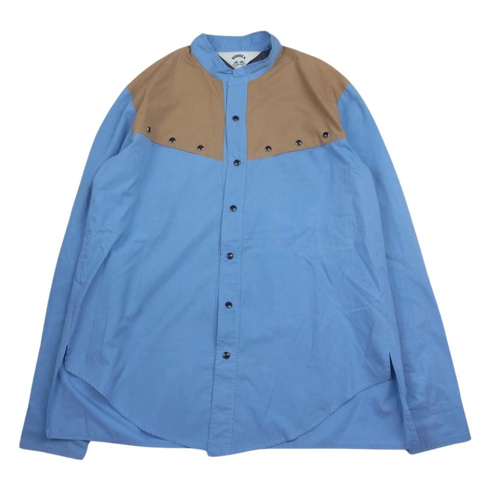 image of Sunsea Aw18 Vincent's No Collar Band Collar Shirt Blue, Men's (Size Medium)