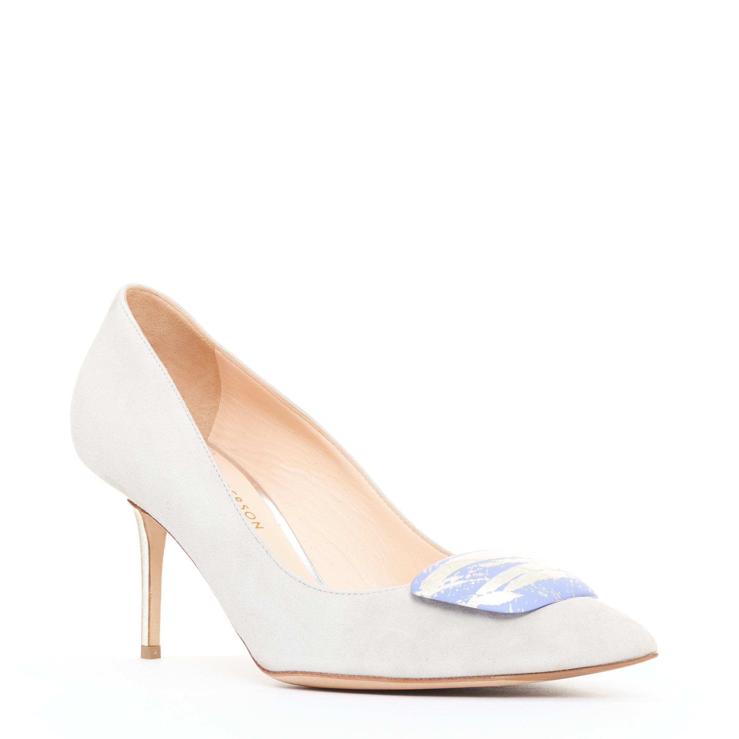 Rupert Sanderson RUPERT SANDERSON New Nada grey suede purple Arty buckle pumps EU38 Size US 8 / IT 38 - 1 Thumbnail