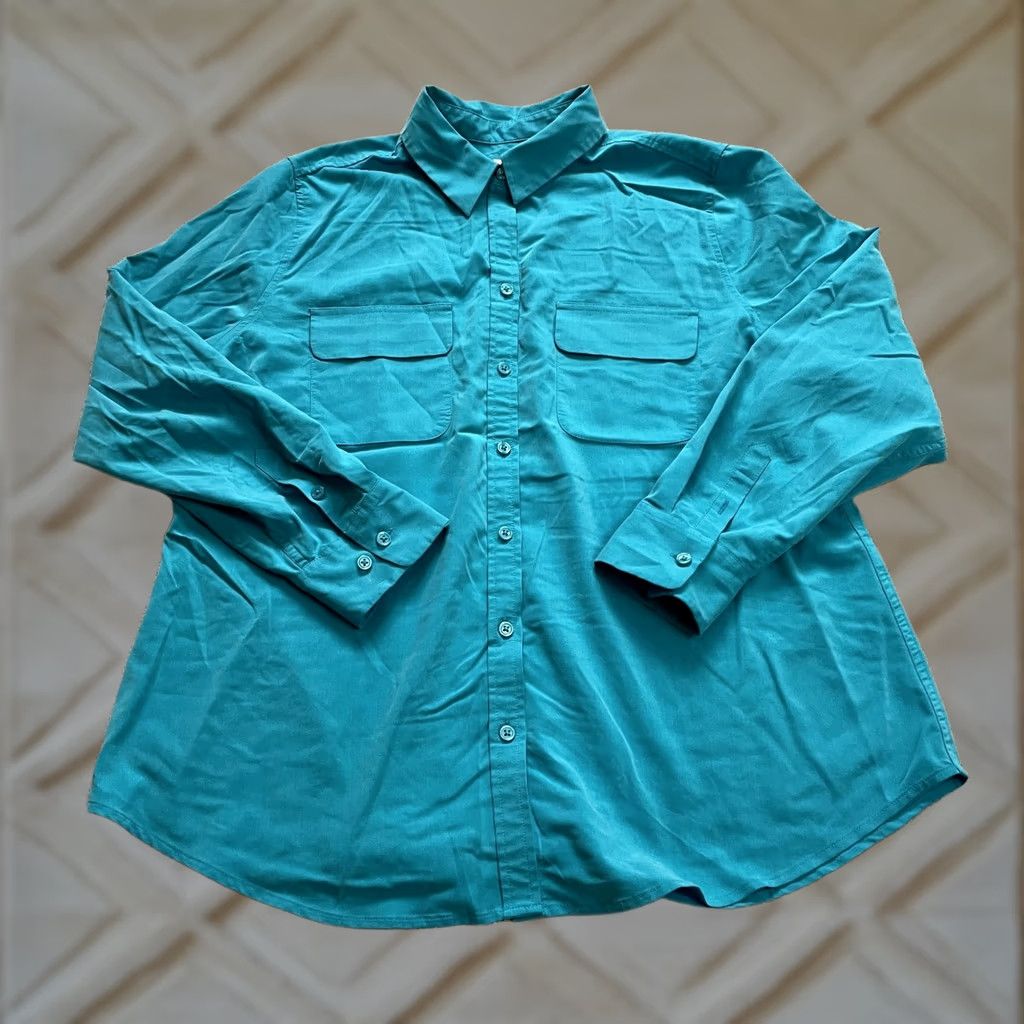 Vintage Chico's Button Up Blouse Shirt Womens 12 Teal Blue Casual Sleeve Collared Knit Modal Polyester Spandex Stars Pockets Vintage No Size XL / US 12-14 / IT 48-50 - 1 Thumbnail