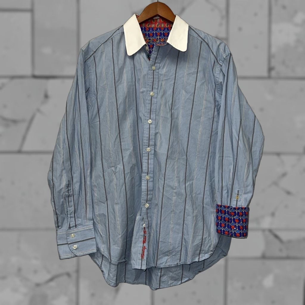 Robert Graham VINTAGE Robert Graham Blue Striped Flip Cuff Button-Up Shirt Mens L Blue Stripe Long Sleeve Button-Up Shirt Mens L Size US L / EU 52-54 / 3 - 1 Thumbnail