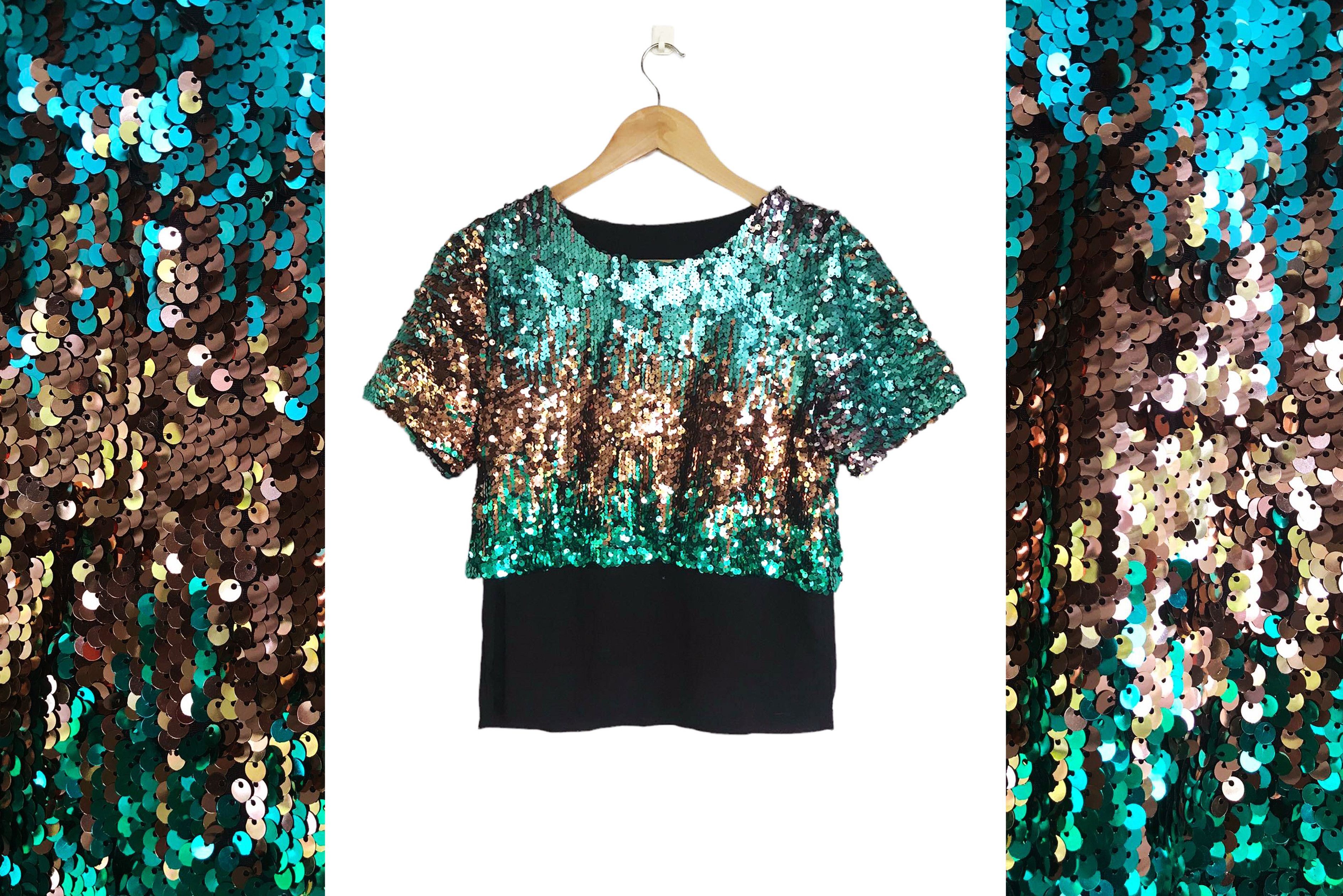 Vintage Green and Bronze sequin Blouse, sheer chiffon layered Size M / US 6-8 / IT 42-44 - 9 Thumbnail