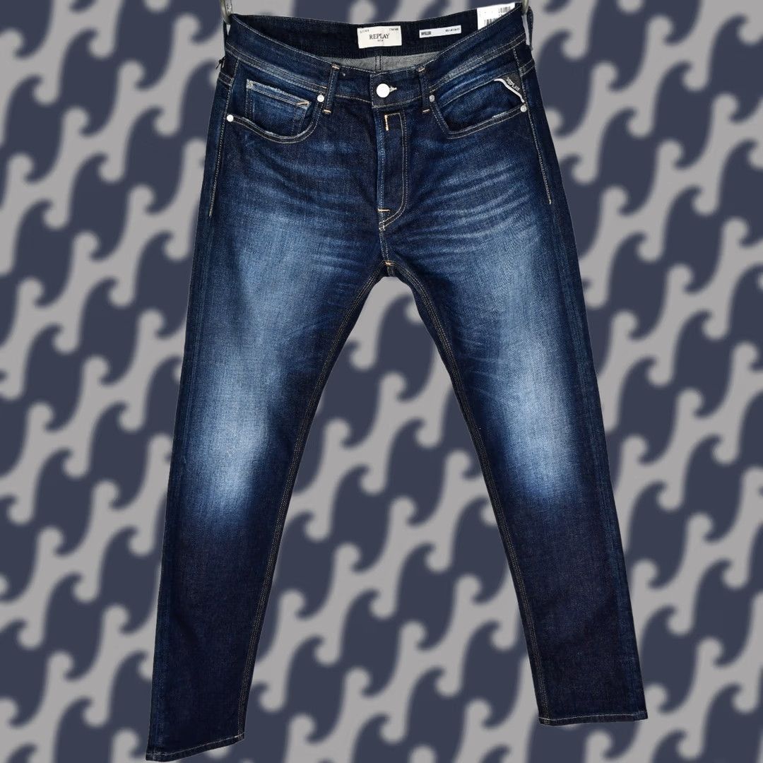 Replay REPLAY WILLBI REGULAR SLIM FIT 11.5 OZ DEEP BLUE INDIGO STRETCH DENIM JEANS W33 REGULAR BLUE 5-POCKET DESIGN Mens Size US 33 - 1 Thumbnail