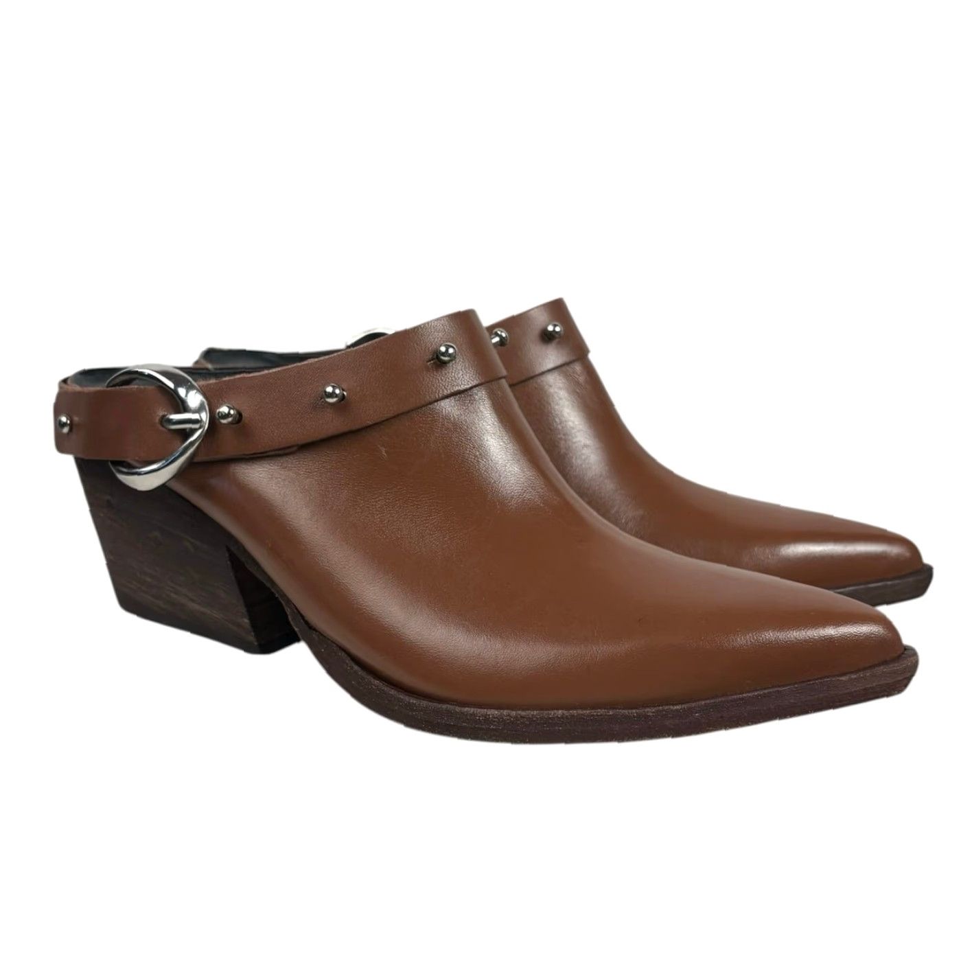 Vintage Golo Women's Woody Studded Leather Mule Booties Bootie 8 Cognac Brown High Heel 3" Casual Fall Spring Bohemian Southwestern Womens Size US 8 / IT 38 - 5 Thumbnail