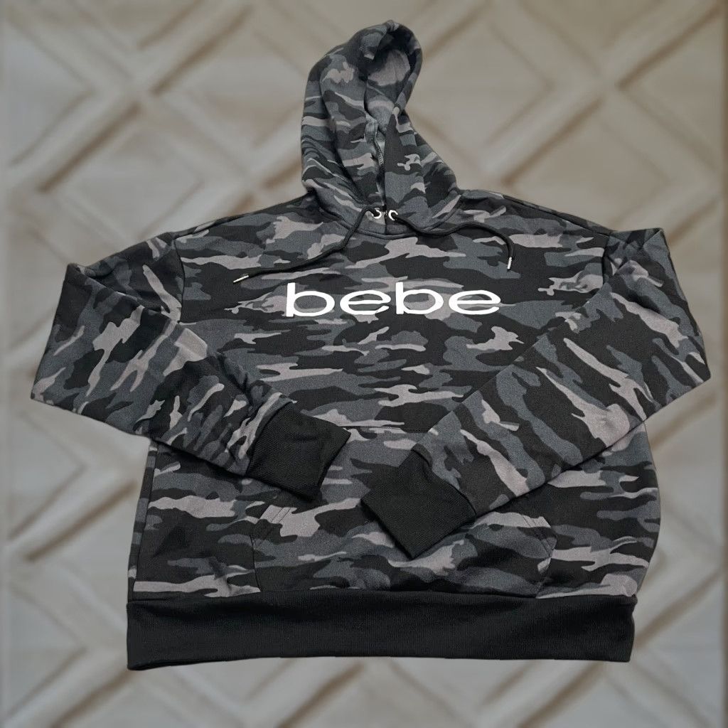 Bebe Hoodie Sweatshirt Womens 1X Black Gray Camouflage Pullover Camo NWT Sport