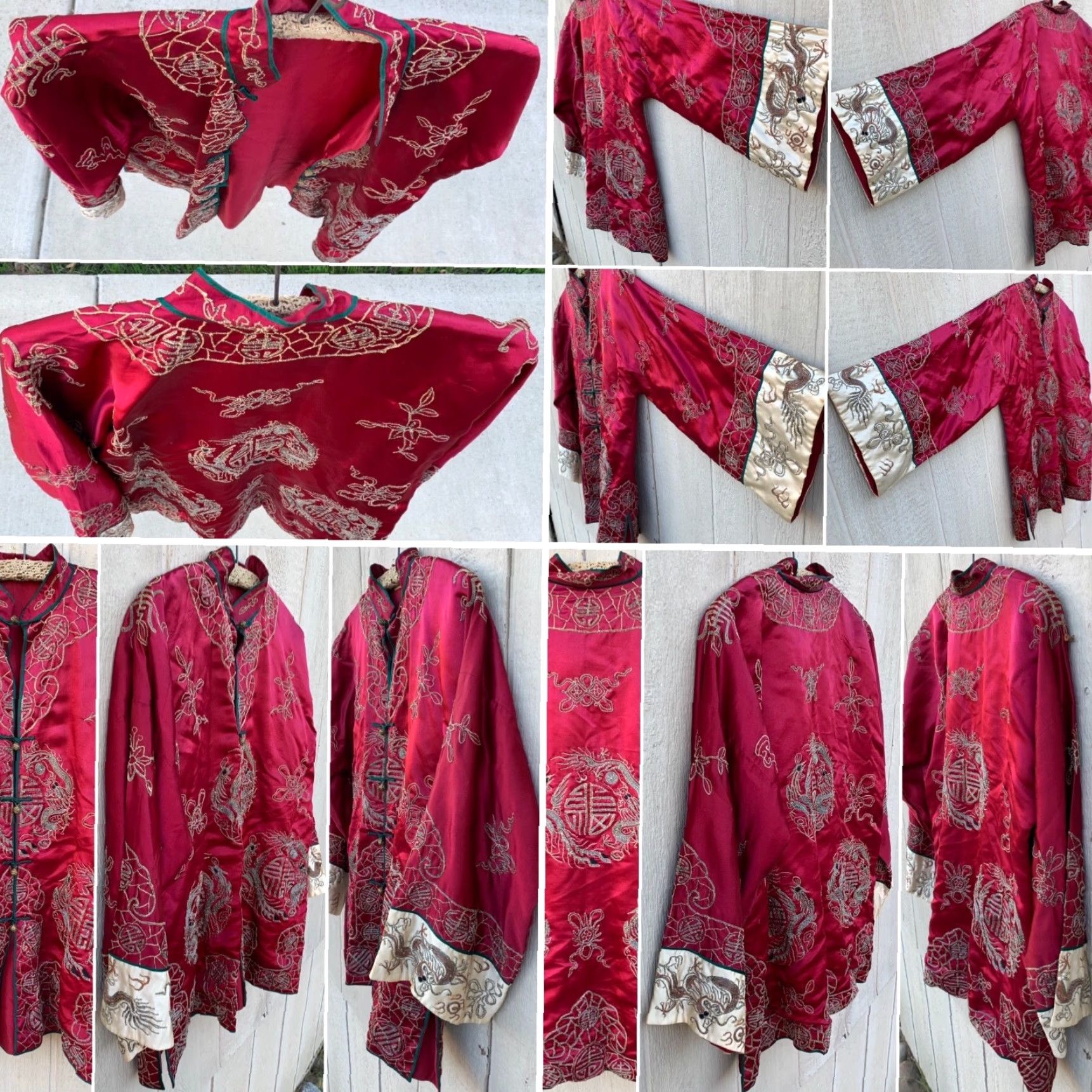 Vintage Vtg Chinese Silk Embroidered Dragon Longevity Shou Jacket Robe Mandarin Collar Jacket/string? Size ONE SIZE - 4 Thumbnail