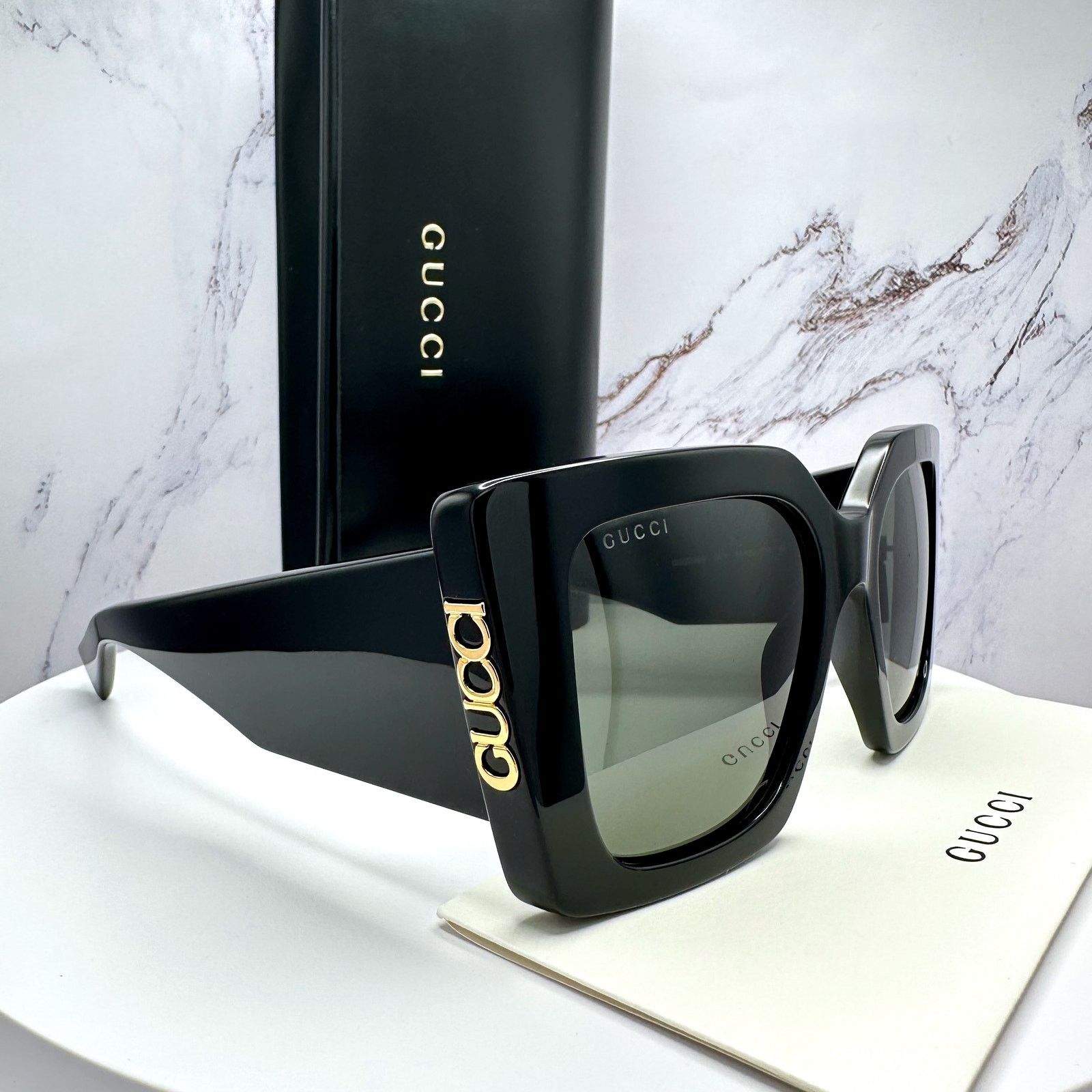 Gucci New GUCCI Sunglasses Black Gold Logo Square Oversized 51mm Size ONE SIZE - 6 Thumbnail