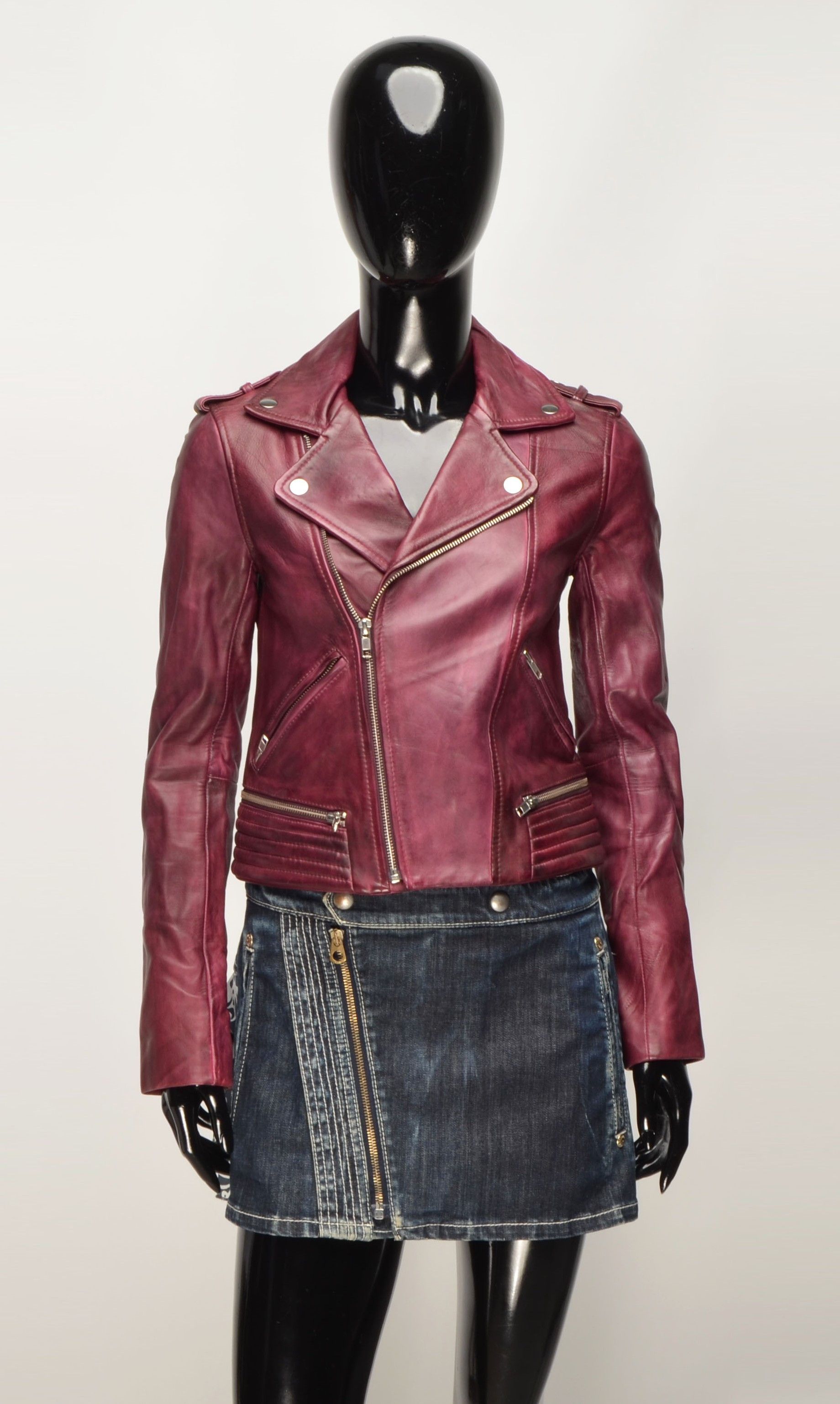 Maje Maje Burgundy Lamb Leather Biker Moto Punk Jacket Size S / US 4 / IT 40 - 10 Thumbnail