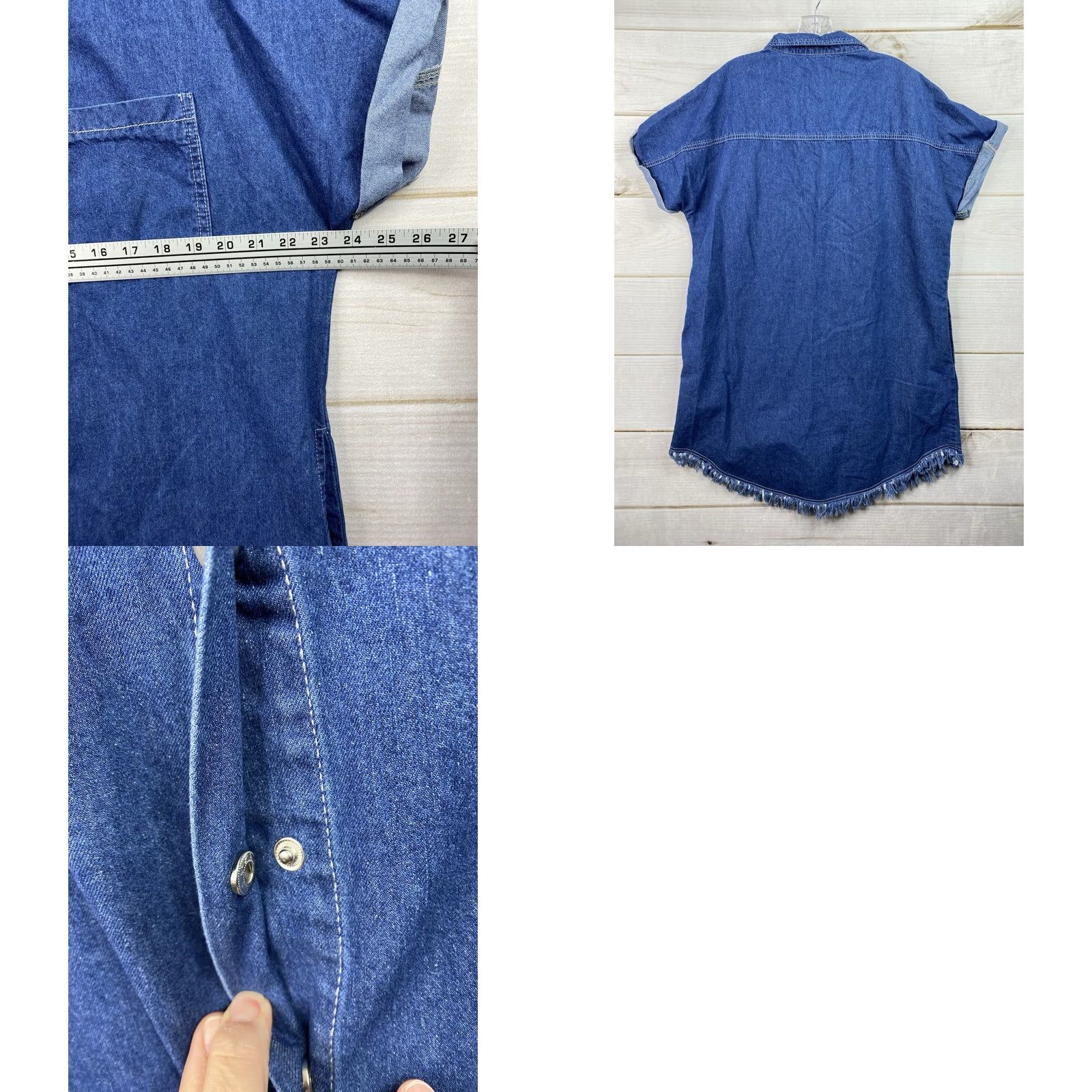 Denime Luvamia Denim Dress XL Blue Snap Up Short Cuffed Slv Pocket Tunic Fringe Western Dress Size 40" / US 18 - 8 Thumbnail