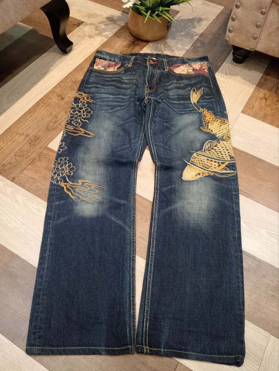 Eternal ETERNAL JAPAN SUKAJAN SUGOI FISH EMBROIDERY BLUE DENIM PANTS Size US 34 / EU 50 - 3 Thumbnail