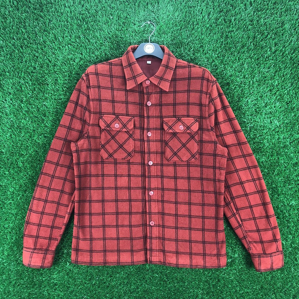 image of Flannel Fleece Checkered Double Pocket Shirts in Orange, Men's (Size Large)