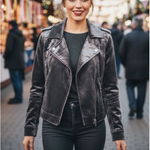 BLANKNYC ❤️BLANKNYC Gray Velvet Moto Jacket Womens XS Biker Shinny Si Size XS / US 0-2 / IT 36-38 - 1 Thumbnail