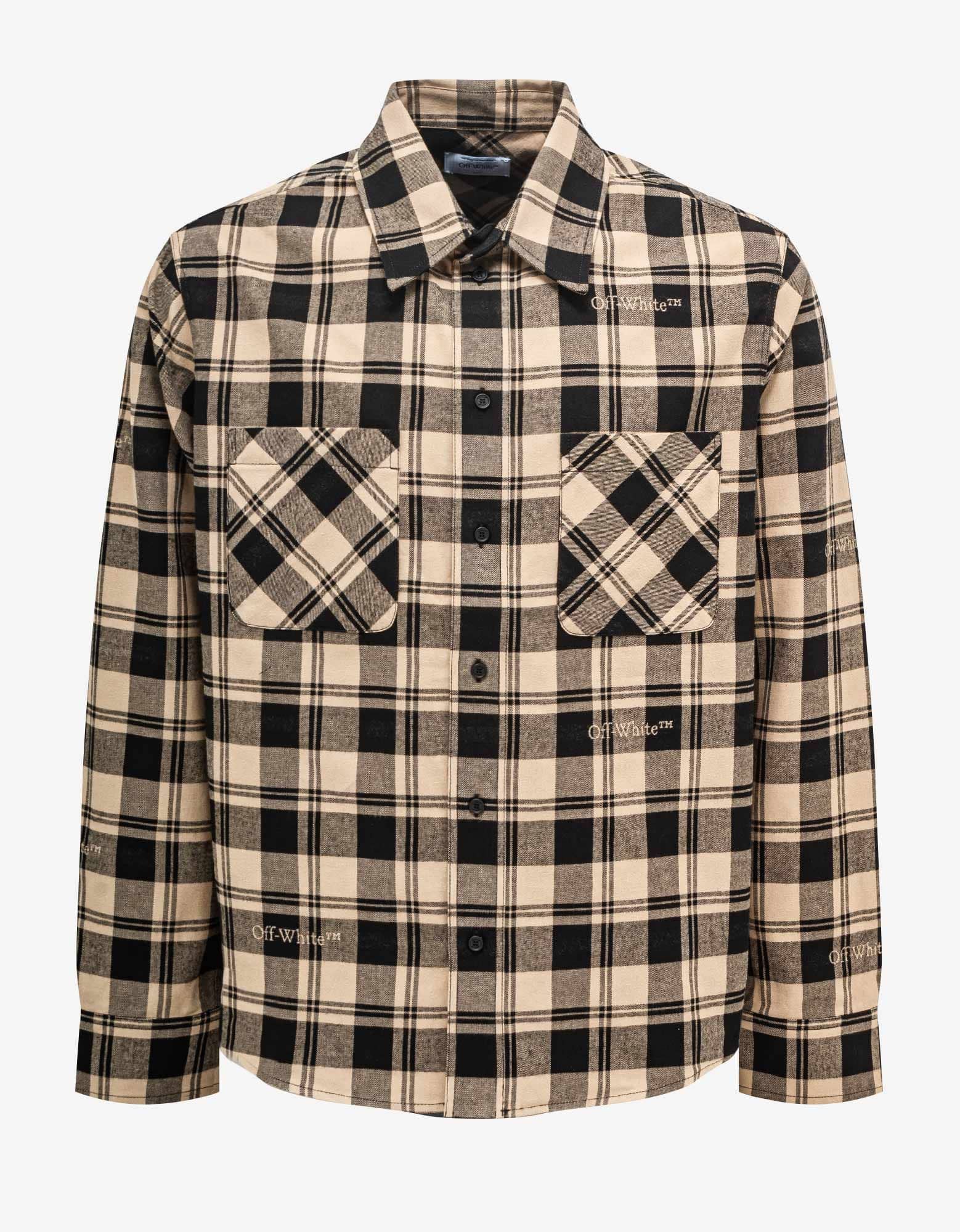 image of Off White Beige & Black Check Flannel Shirt, Men's (Size Large)