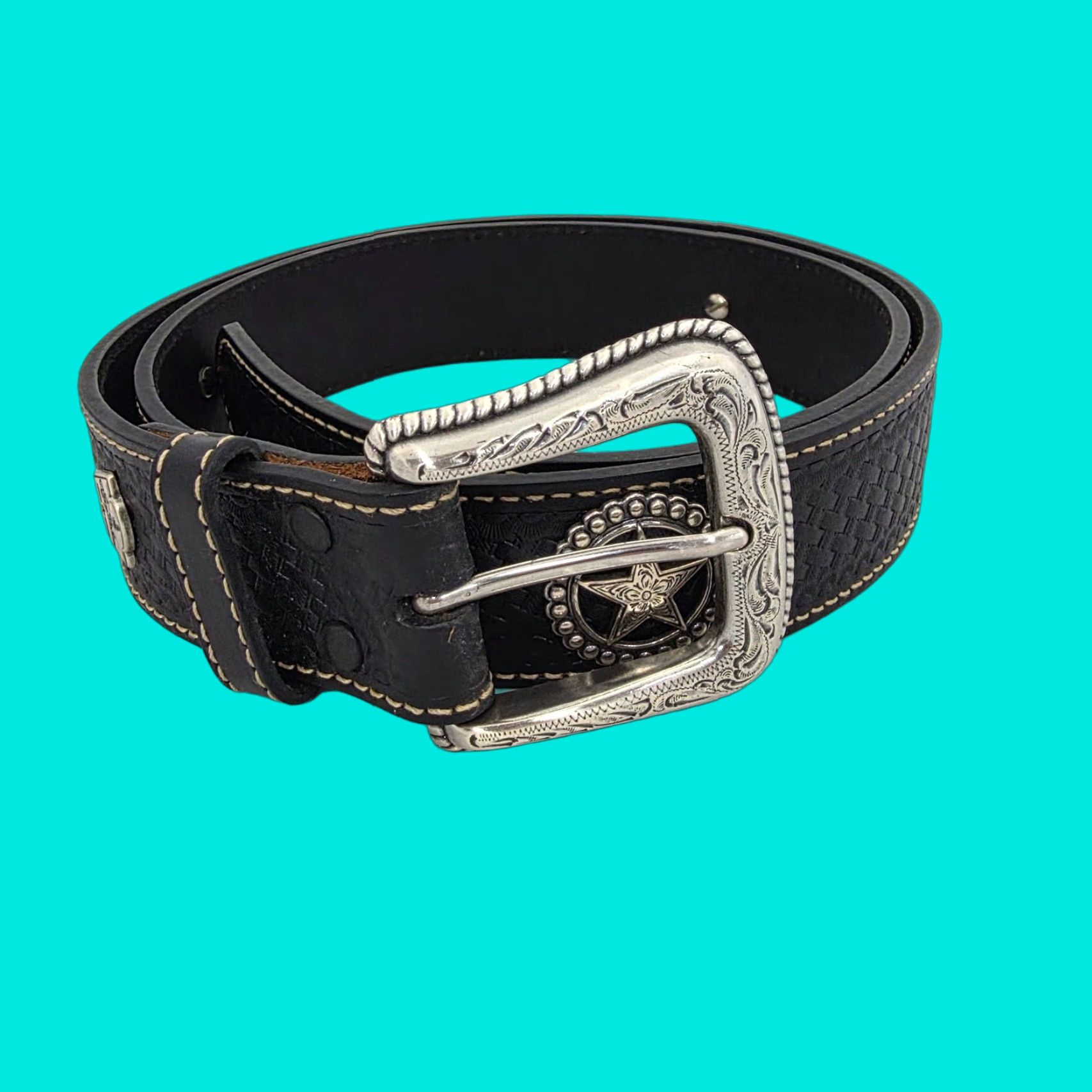 Vintage LARRY MAHAN Western Belt Buckle Black Genuine Leather Silver Stars Men’s Size 38 Belt Size 38 - 1 Thumbnail
