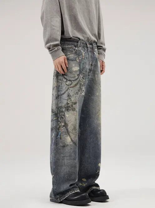 Japanese Brand × Jean Blue washed distressed ink-splatter tie-dye straight jeans Size US 32 / EU 48 - 3 Thumbnail