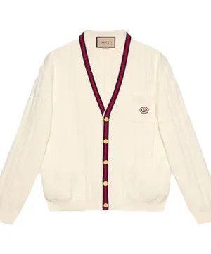 Gucci oc11z1025 Knit Cotton V-Neck Cardigan With Web in Ivory Size US XXL / EU 58 / 5 - 1 Thumbnail