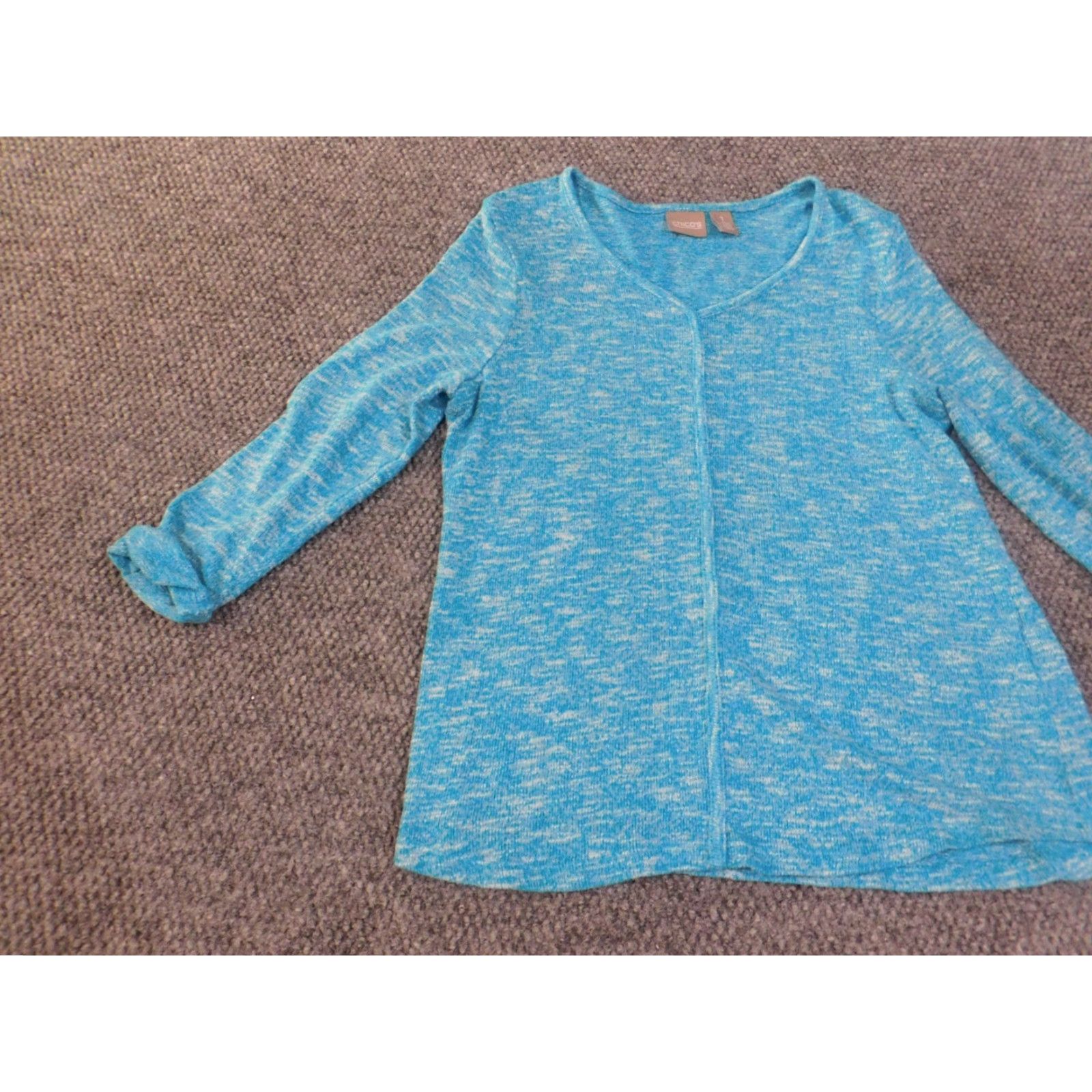 Vintage Chico's Sweater Pullover Knit V-Neck Blue 1 Polyester Rayon Spandex Stretch Regular Women Fashion Modern Winter Long Sleeve Chunky-Knit Size XS / US 0-2 / IT 36-38 - 3 Thumbnail