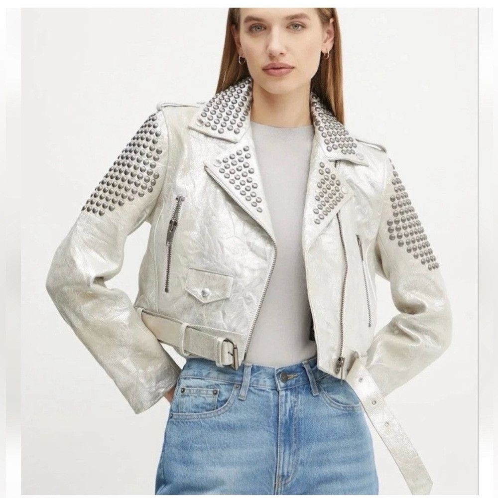 The Kooples The Kooples Silver Metallic Studded Cropped Leather Moto Size L / US 10 / IT 46 - 1 Thumbnail