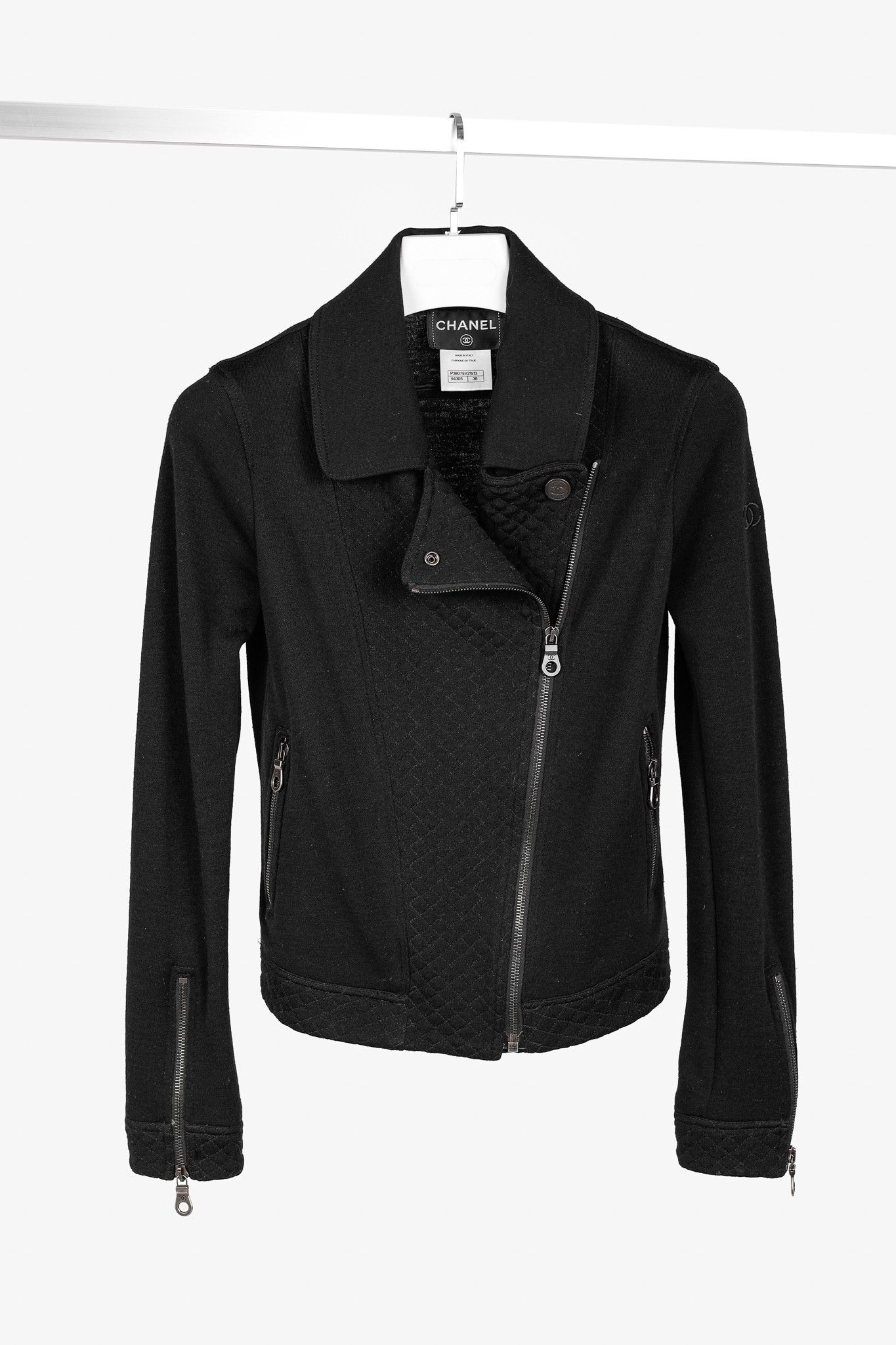 Chanel Chanel Black Wool Quilted Moto Jacket Size XS / US 0-2 / IT 36-38 - 1 Thumbnail
