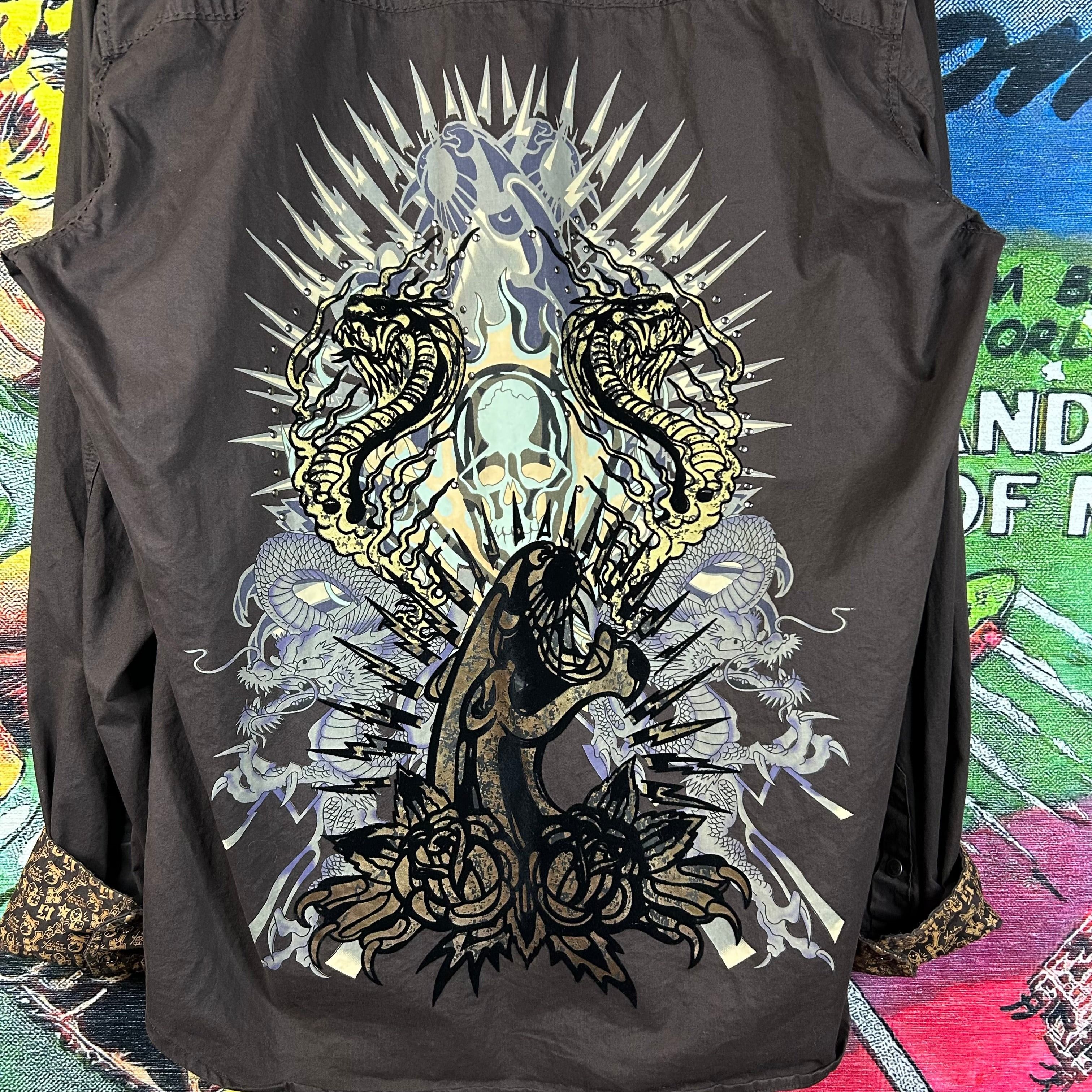 Ed Hardy × Vintage Ed Hardy Christian Audigier Brown Pearl Snap Shirt Size 2XL Size US XXL / EU 58 / 5 - 5 Thumbnail