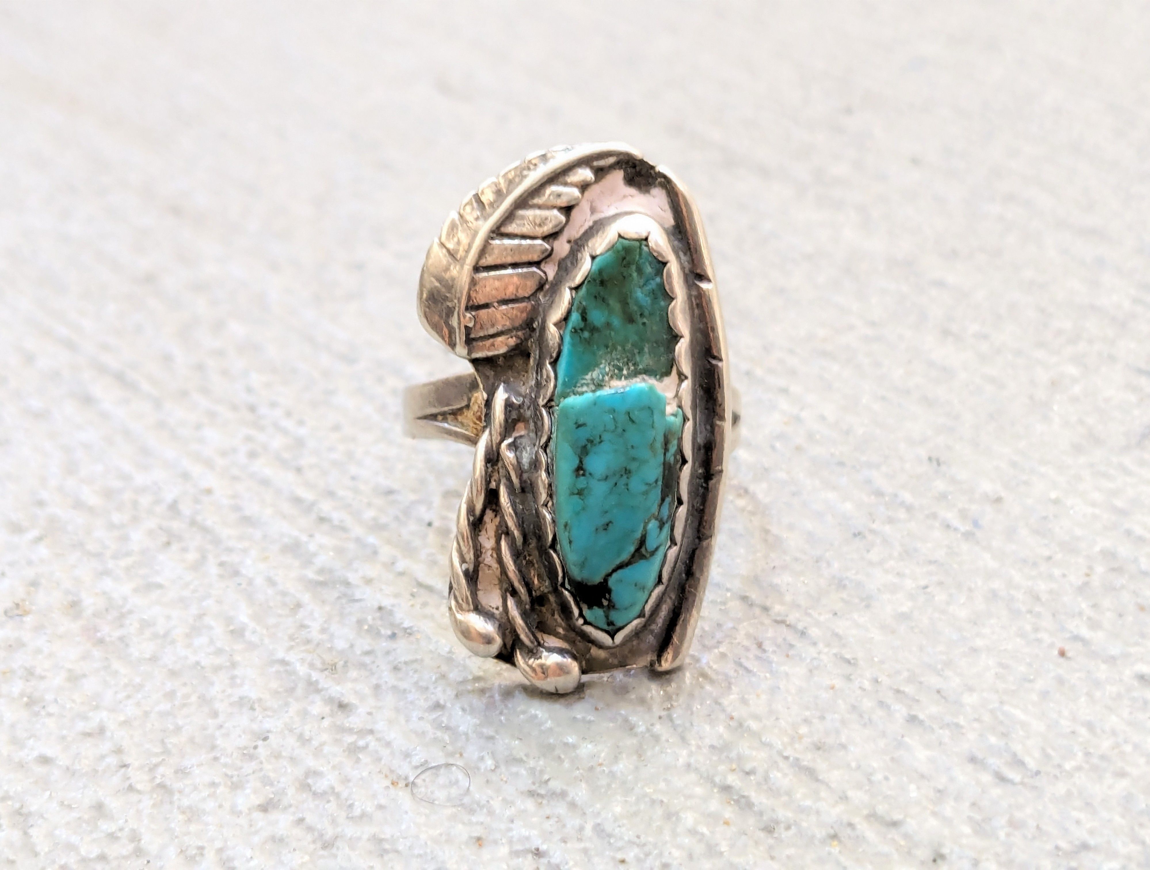 Jewelry Vintage Sterling Silver Ring 8 Turquoise Leaf Modern Size ONE SIZE - 3 Thumbnail