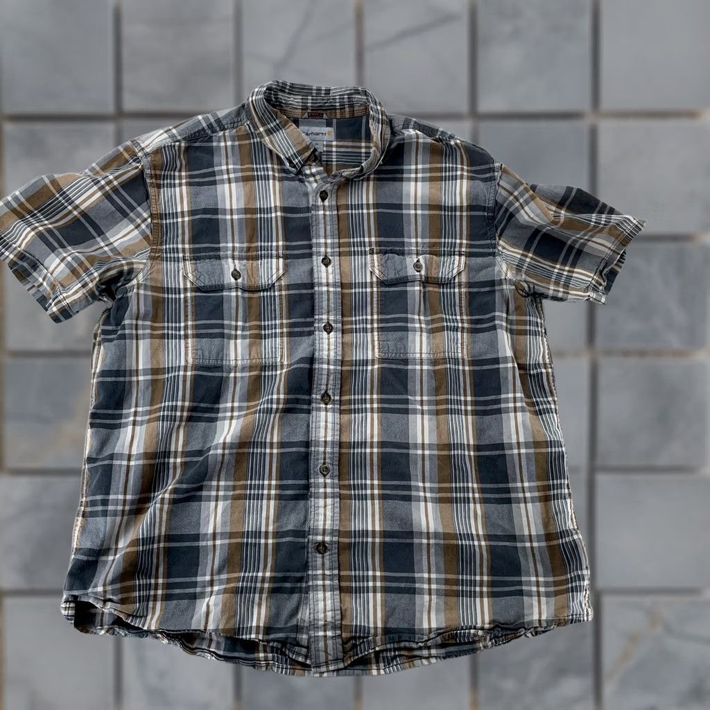 Carhartt Carhartt Shirt Mens XL Gray Brown Plaid Short Sleeve Button Front Relaxed Fit Size US XL / EU 56 / 4 - 1 Thumbnail