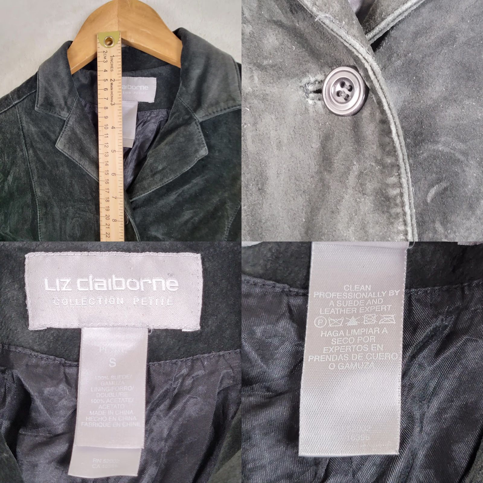 Liz Claiborne Liz Claiborne Blazer Jacket Women's PS Petite Black Suede Mid-Length Button Long Sleeve Lined Polyester City Casual Workwear Fall Winter Size S / US 4 / IT 40 - 9 Thumbnail