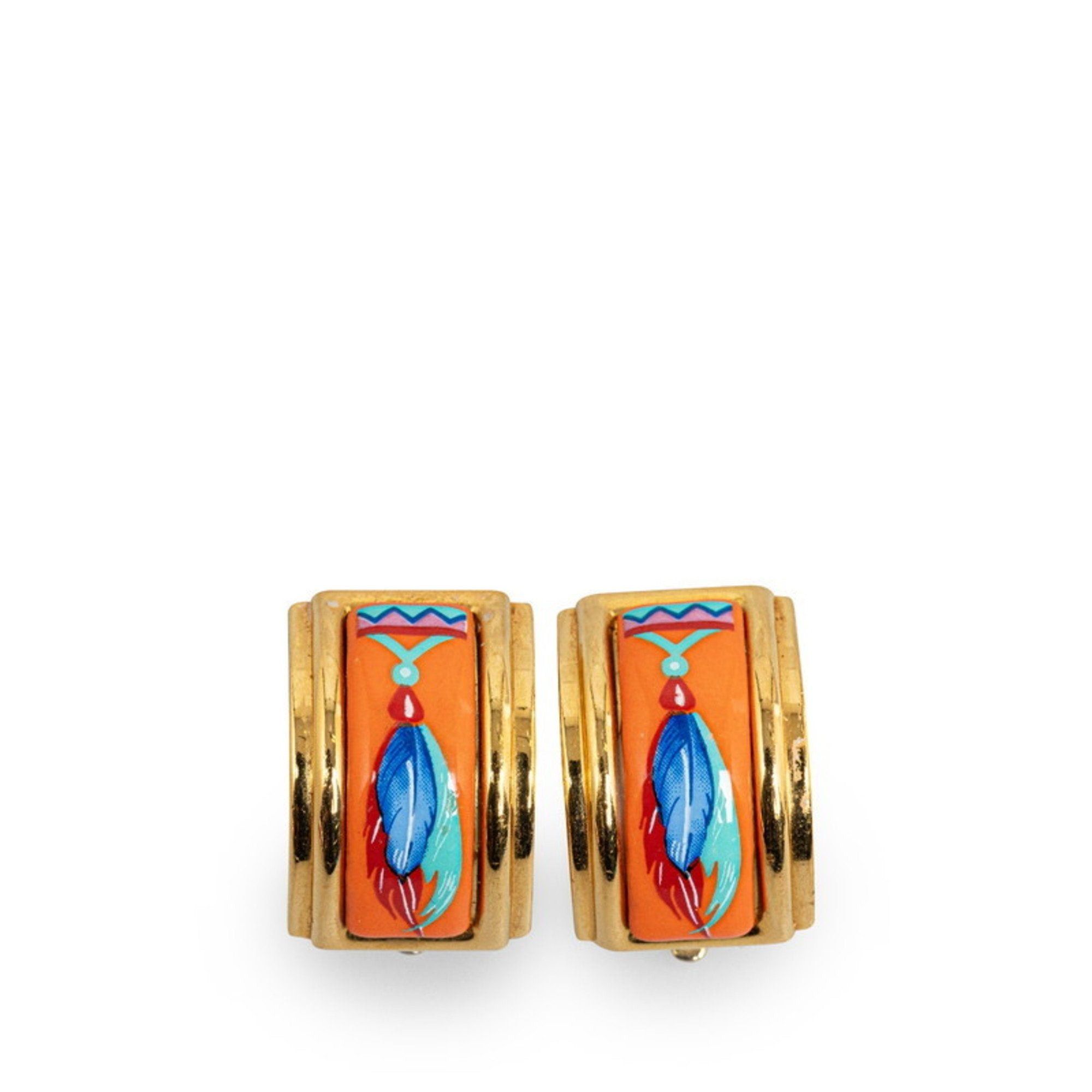 image of Hermes Enamel Cloisonne Earrings Orange Gold Plated Women's