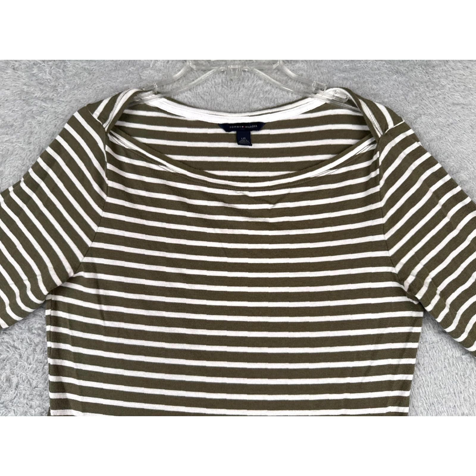 Tommy Hilfiger VINTAGE Tommy Hilfiger Shirt Women Large Green White Stripe Boat Neck Cotton Blend Size L / US 10 / IT 46 - 4 Thumbnail