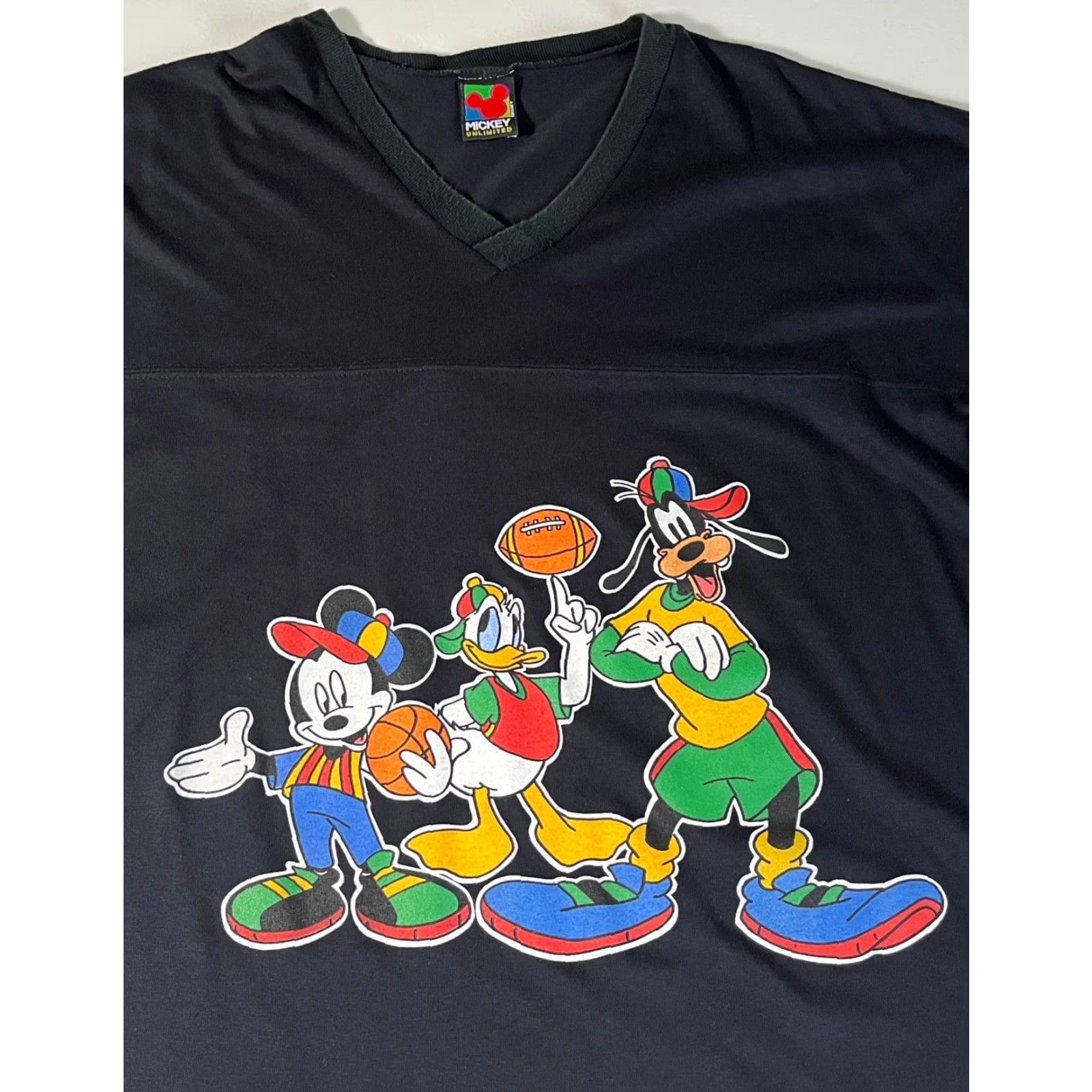 Mickey Unlimited VINTAGE Mickey Unlimited Unisex Adult 2XL V-Neck T-Shirt Black 90s Disney Cartoon Graphic Print Sammy Goofy Minnie Donald Duck Theme Mens Womens Size US XXL / EU 58 / 5 - 4 Thumbnail