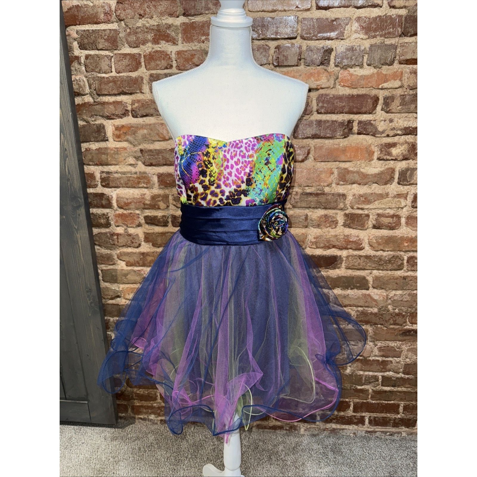 Strapless Multi Color Animal Print Tulle party dress Sz 13