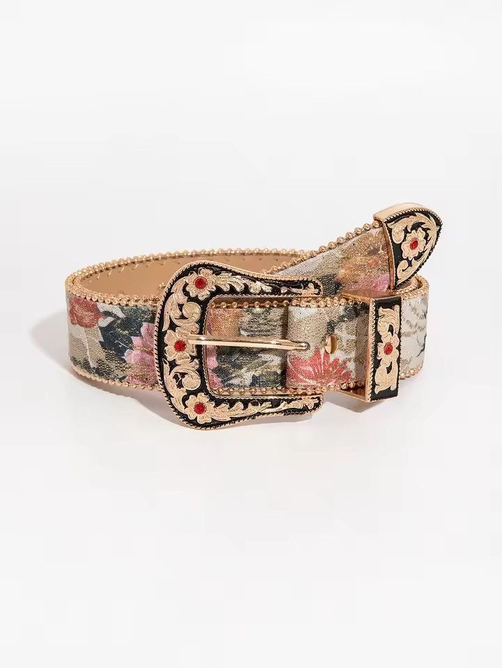 Japanese Brand Western Floral Tapestry Belt - Gold Ornate Buckle 112 cm Size 32 - 1 Thumbnail