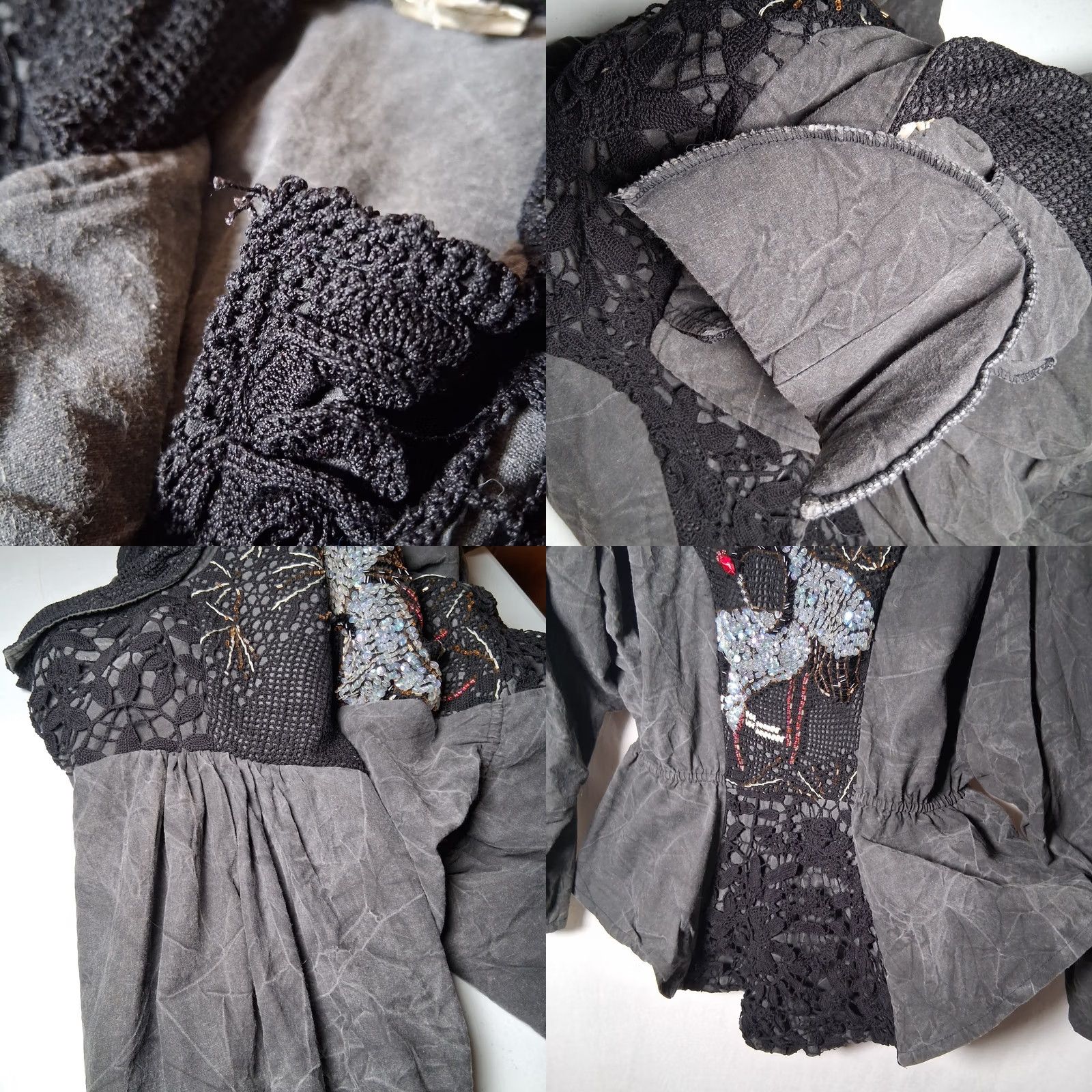 Vintage VINTAGE LIM'S Jacket Women's Crochet Beaded Crane Bird 90s Art To Wear Gray Black Short 32.5" Long Size L / US 10 / IT 46 - 11 Thumbnail