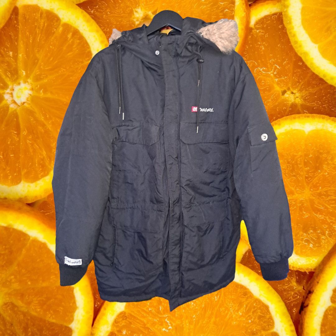 Ecko Unltd Red Long Black Puffer Coat With Faux Fur Hood Siz