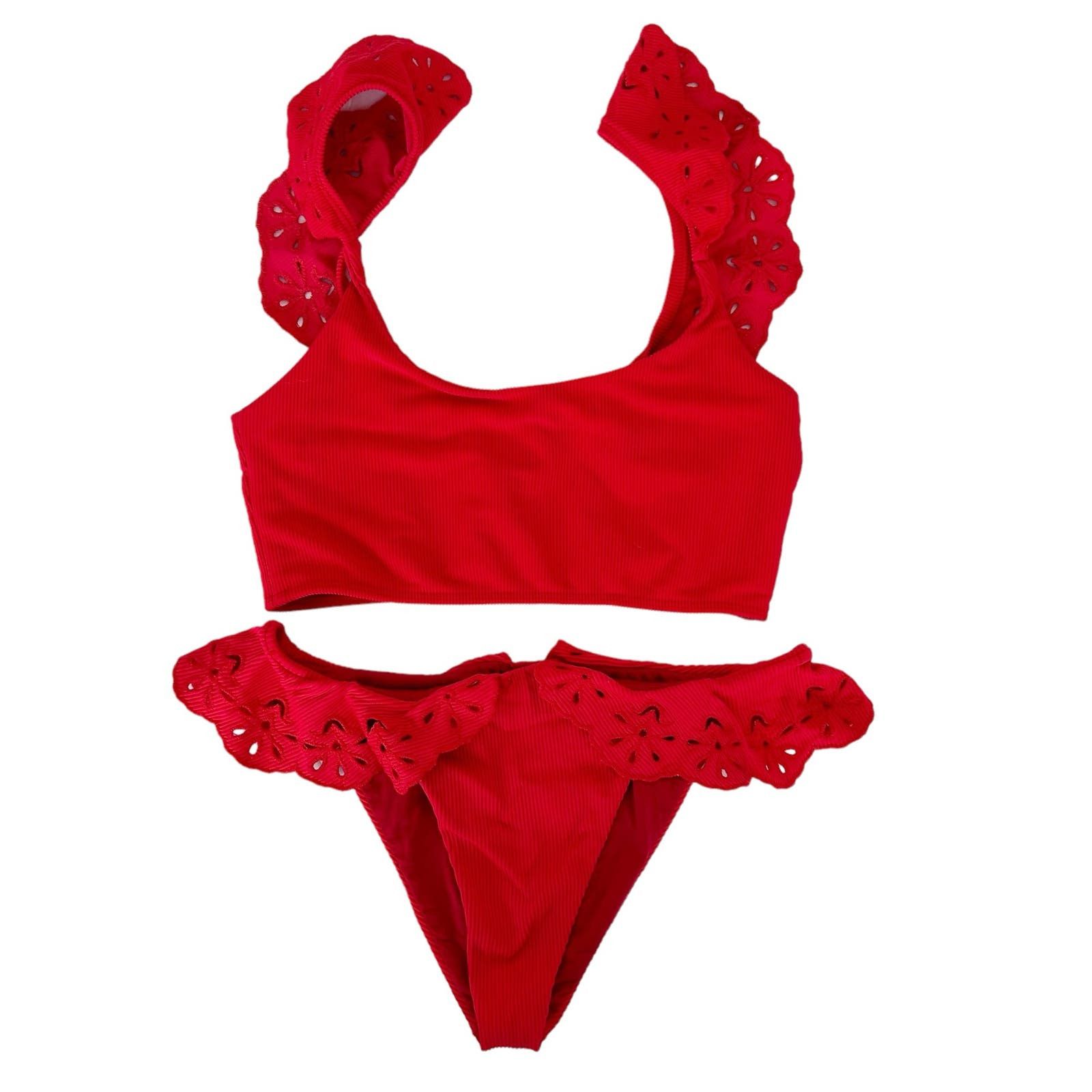 image of Beach Riot Sport Red Ruffle Eyelet Bikini Bathing Suit Size M, Women's