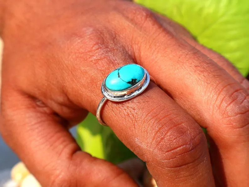 Handmade Turquoise Ring, Handmade Sterling Silver Green Gemstone Ring Size ONE SIZE - 7 Thumbnail
