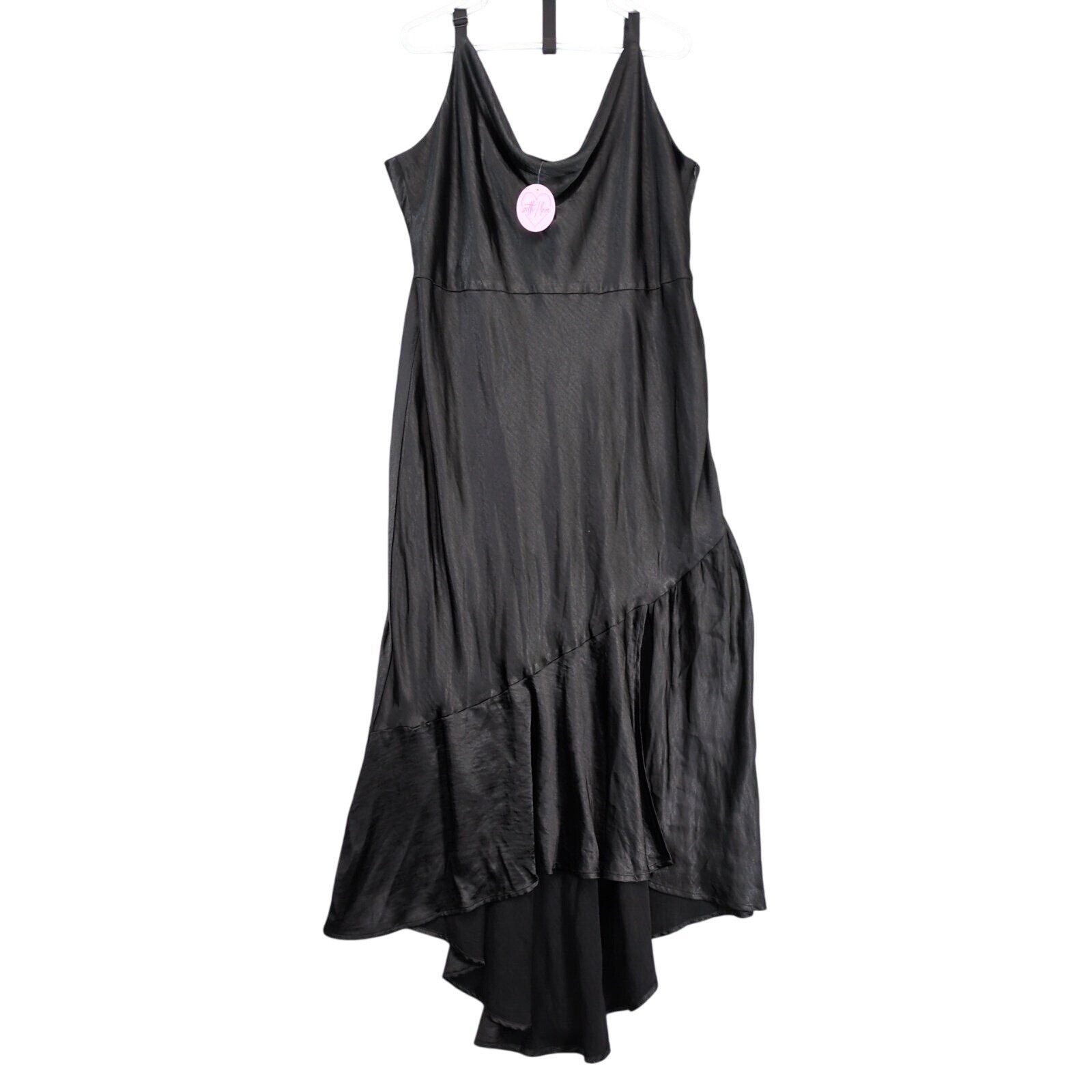Skies Are Blue 2X Tiered Asymmetrical Satin Babydoll Dress in Black, Women's (Size 2XL)