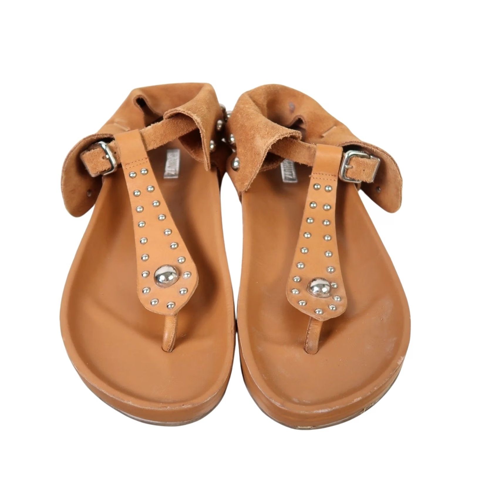 SCHUTZ Schutz Sandals Thong Sandals Suede Leather Silver Stud Buckle Closure EU 40 US 10 Womens Bohemian Spring Summer Tan Brown Size US 10 / IT 40 - 2 Thumbnail