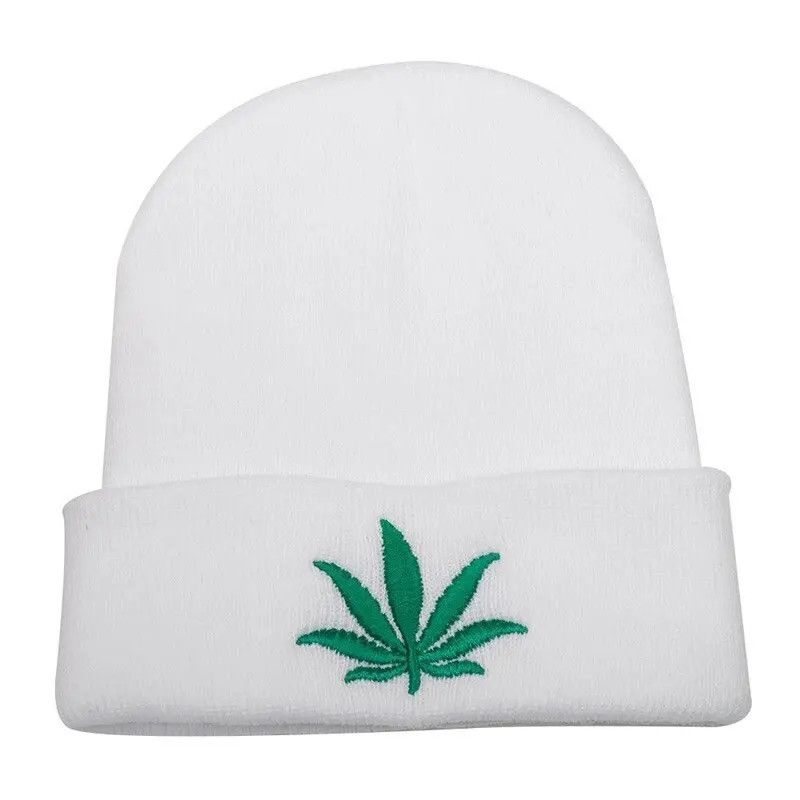 image of Hats White Color Weed Leaf Beanie Hat, Men's