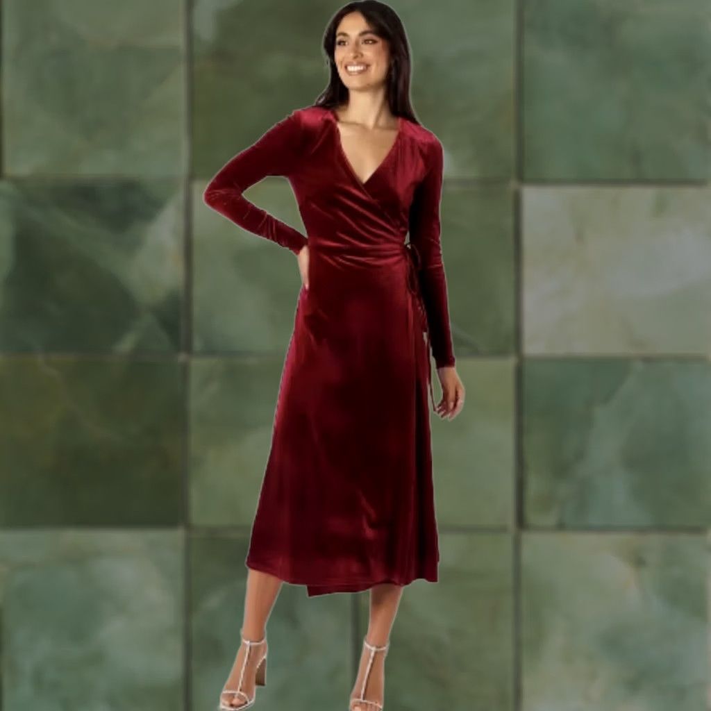 Velvet Petal and Pup Darby Dress Midi Velvet Wrap Dress Long Sleeve Burgundy XS NWT Womens Size XS / US 0-2 / IT 36-38 - 1 Thumbnail