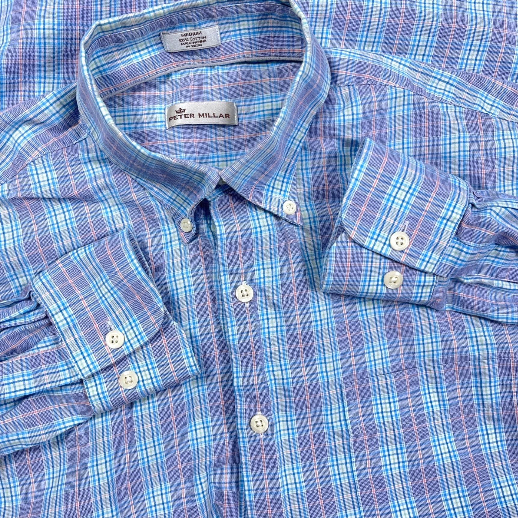 Peter Millar Peter Millar Shirt Men Medium Purple Blue Plaid Button Up Dress Poplin Cotton Shirt Men Size 40R - 3 Thumbnail