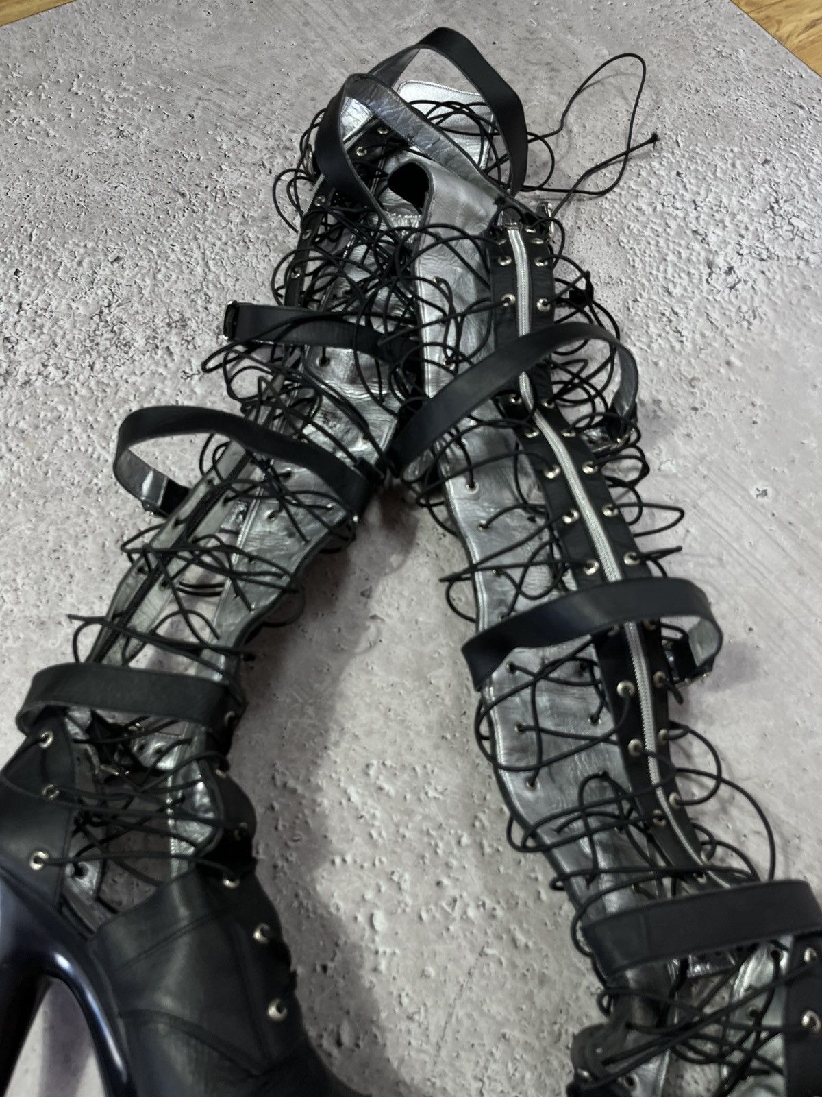 If Six Was Nine × Japanese Brand Gothic Thigh High Platform Heels with Laces and Buckles Size US 8 / IT 38 - 15 Thumbnail