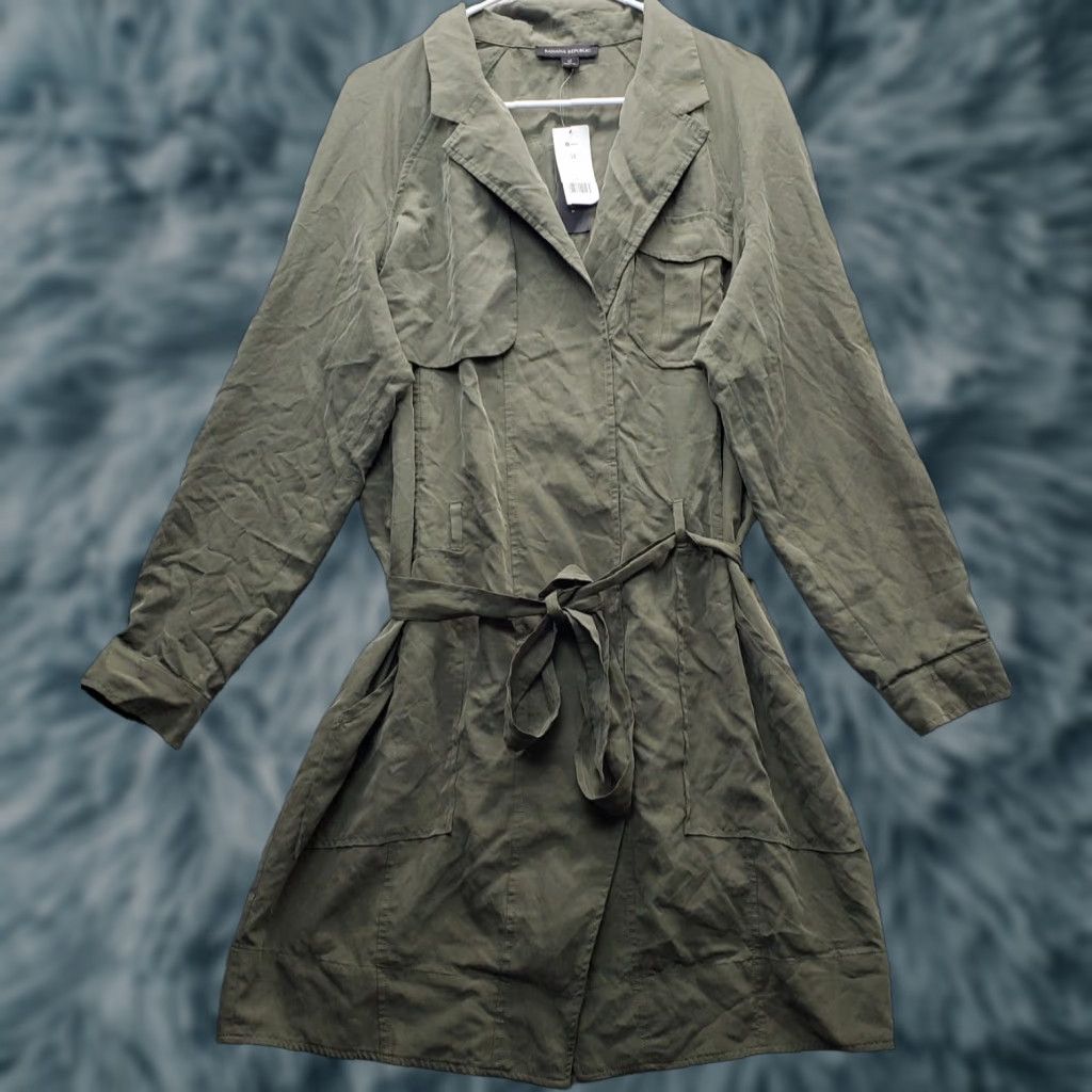 Banana Republic Banana Republic Womens 12 Trench Dress Green Roll Tab Sleeve Belt Waist Notch Midi Shirt Dress Womens Size 12 Green BanRRPmid Size XL / US 12-14 / IT 48-50 - 1 Thumbnail