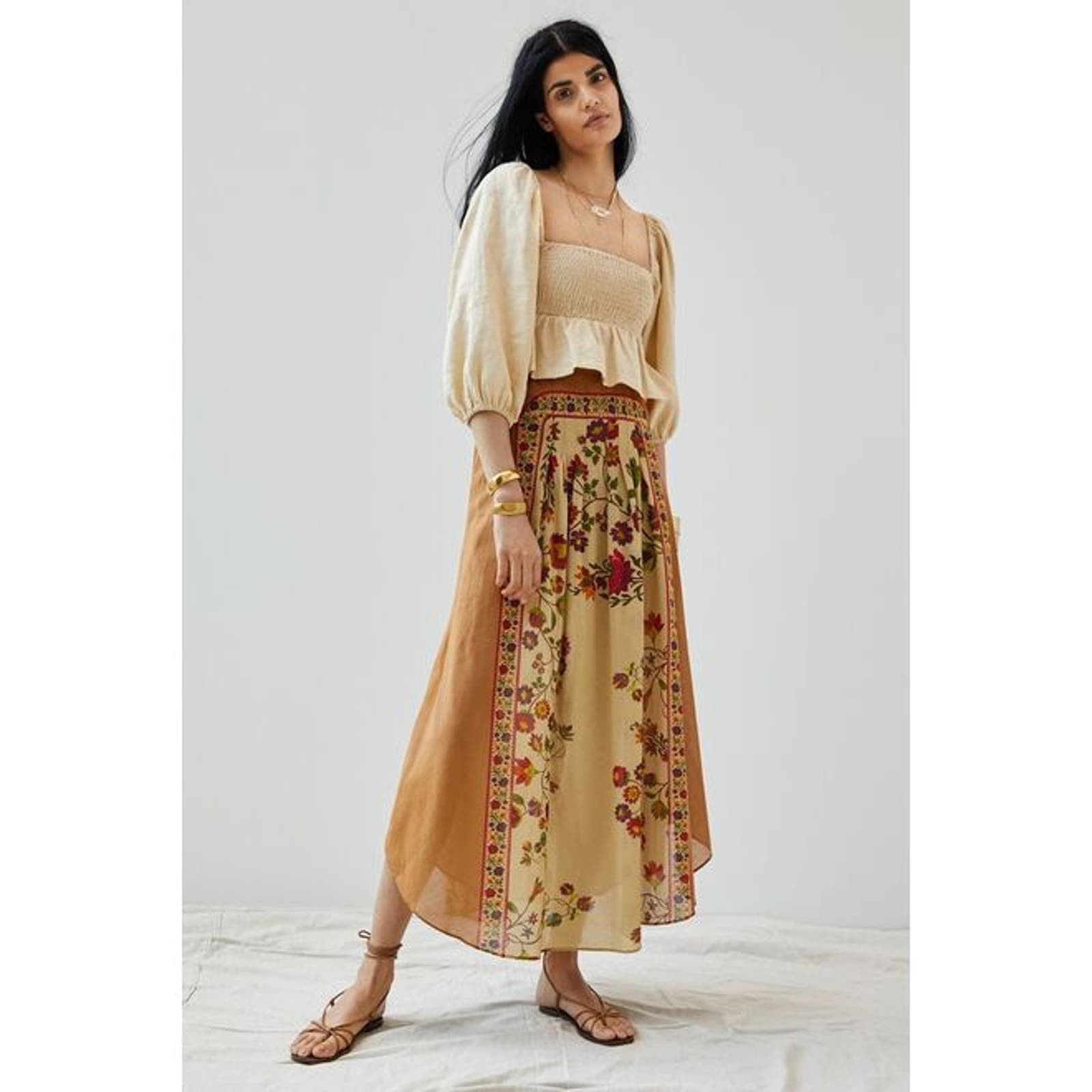 image of Anthropologie New Anthro Mes Demoiselles Pleated Floral Maxi Skirt $335 in Brown, Women's (Size 34)