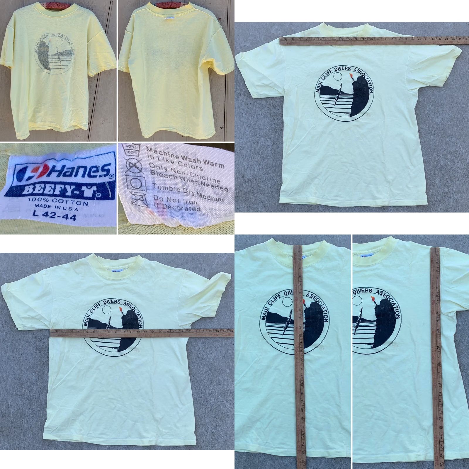Hanes VINTAGE Maui Cliff Divers Association T Shirt Graphic Tee Single Stitch Size L Mens Yellow 100% Cotton Hanes Beefy-T Hawaii Nature 80s 90s Size US L / EU 52-54 / 3 - 11 Thumbnail
