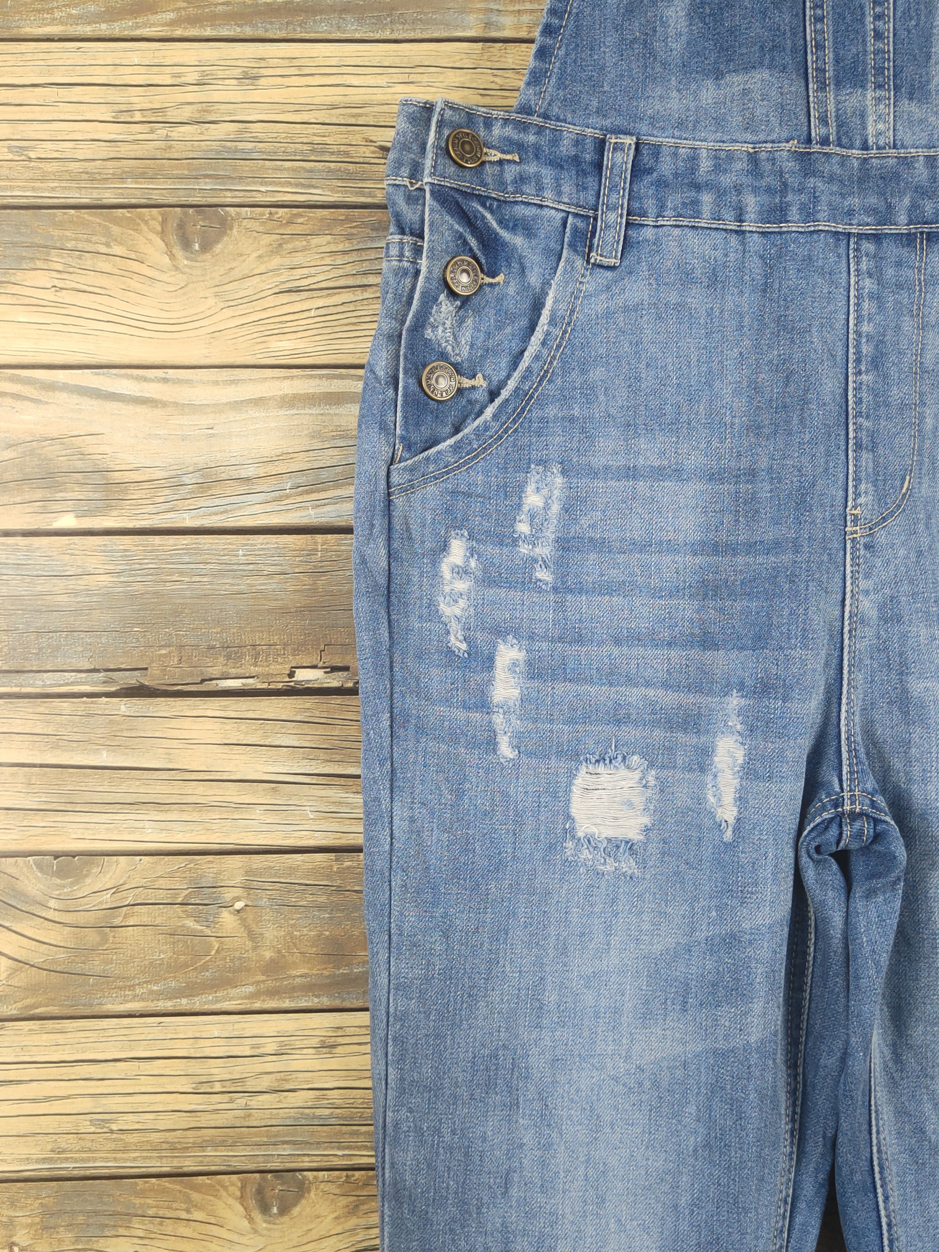 Japanese Brand × Vintage Vintage by Q's Blue Distressed Denim Jumpsuits Size 31" - 6 Thumbnail