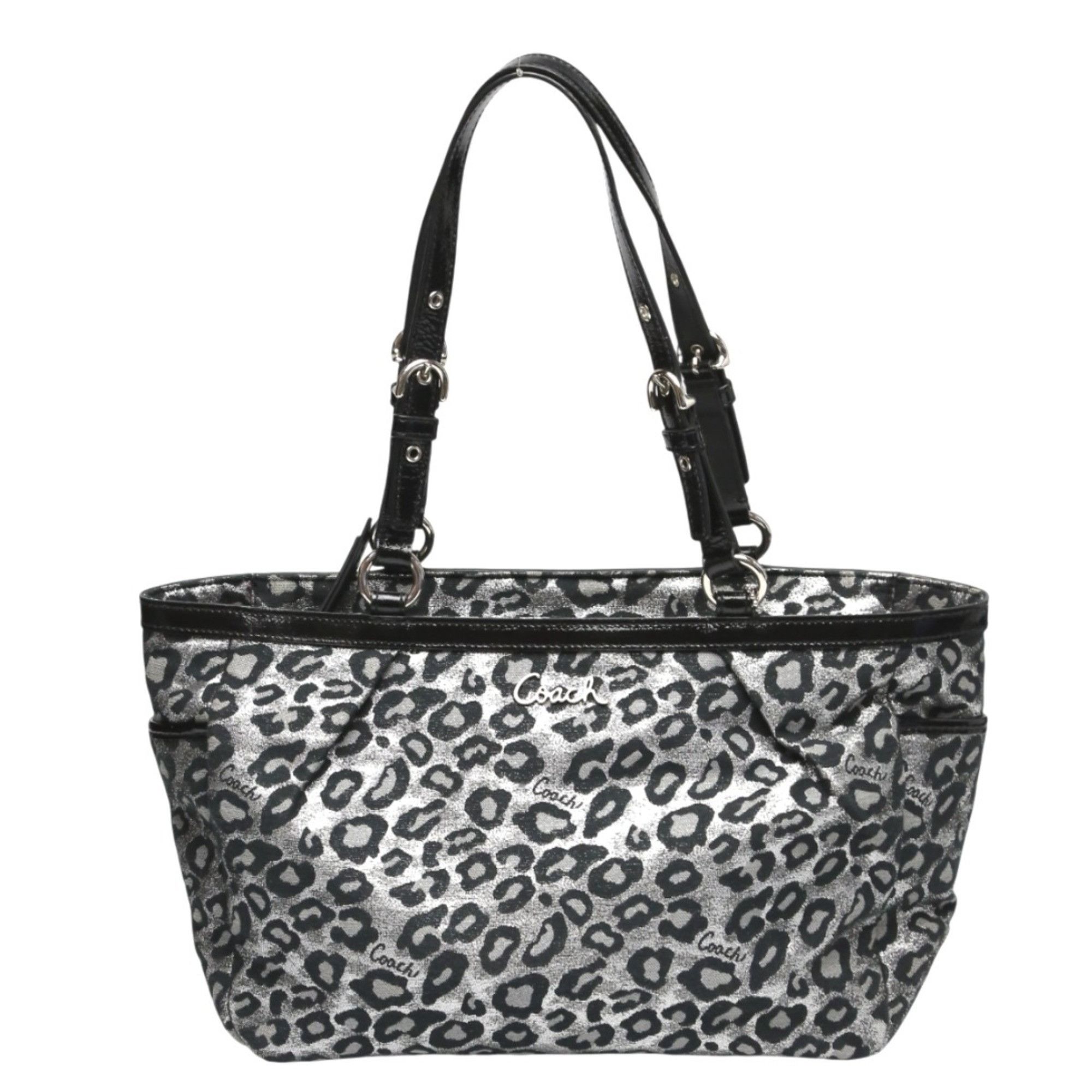 Coach handbag tote bag shoulder leopard print canvas F17675 silver and black
