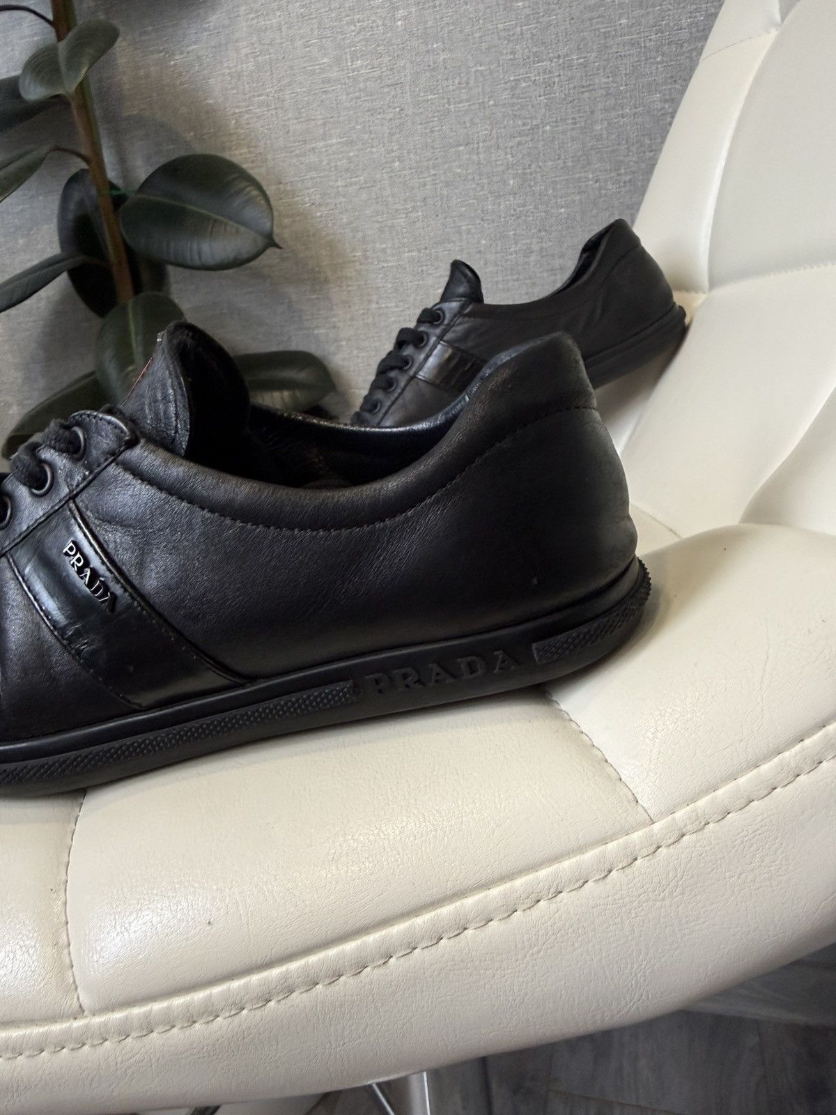 Prada Prada Black Leather Low-Top Sneakers with Red Stripe Logo Size US 7 / IT 37 - 5 Thumbnail