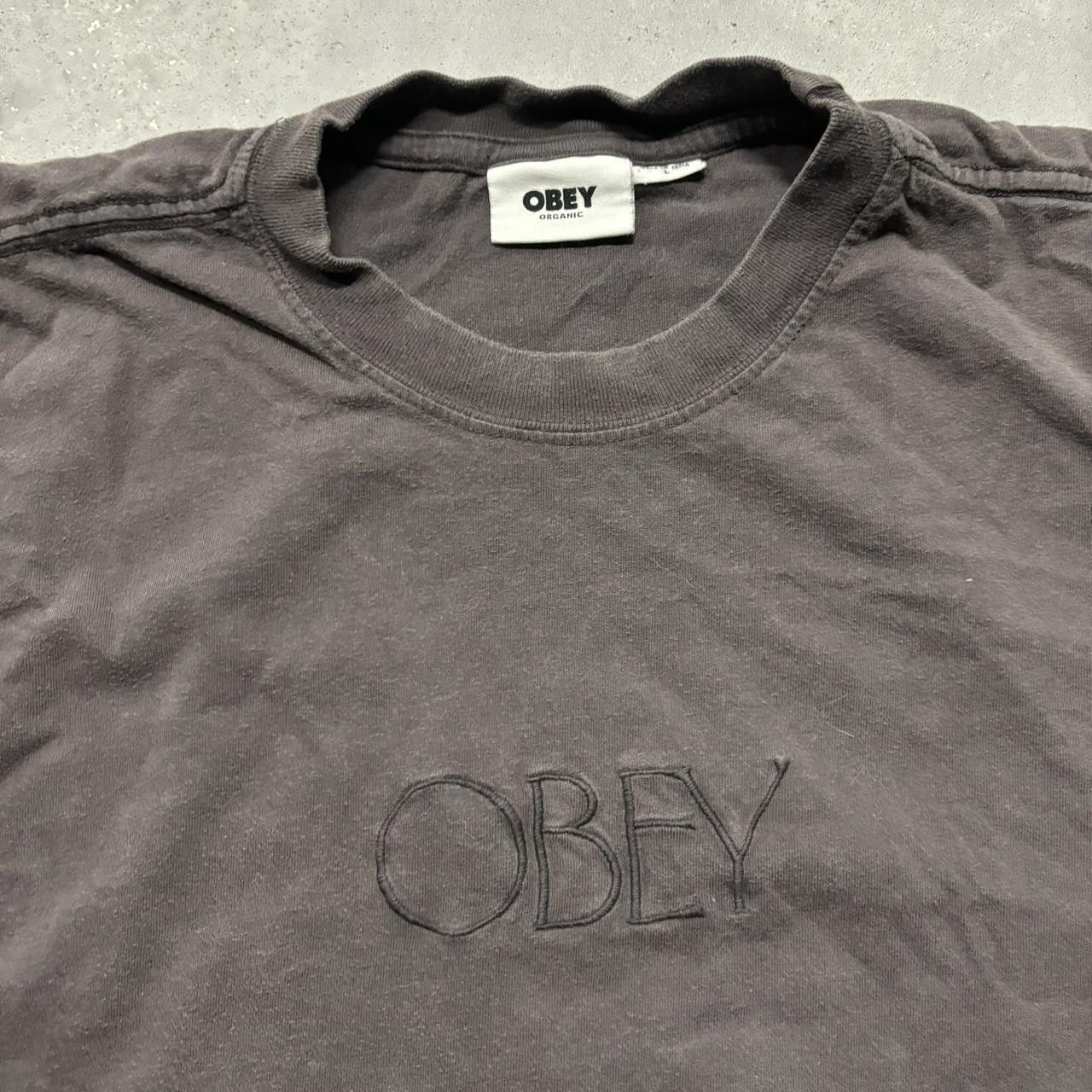 Obey Y2K/2000s Faded Charcoal Grey Obey Embroidered Spellout Tee! Size US L / EU 52-54 / 3 - 2 Thumbnail