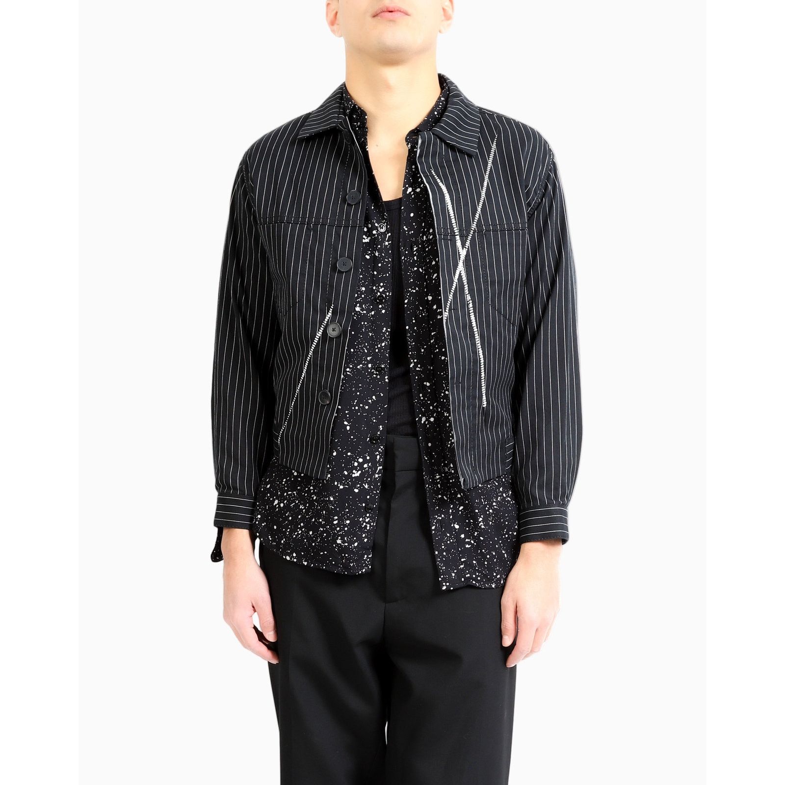 SS16 Embroidered Trucker Jacket in Pinstriped Cotton
