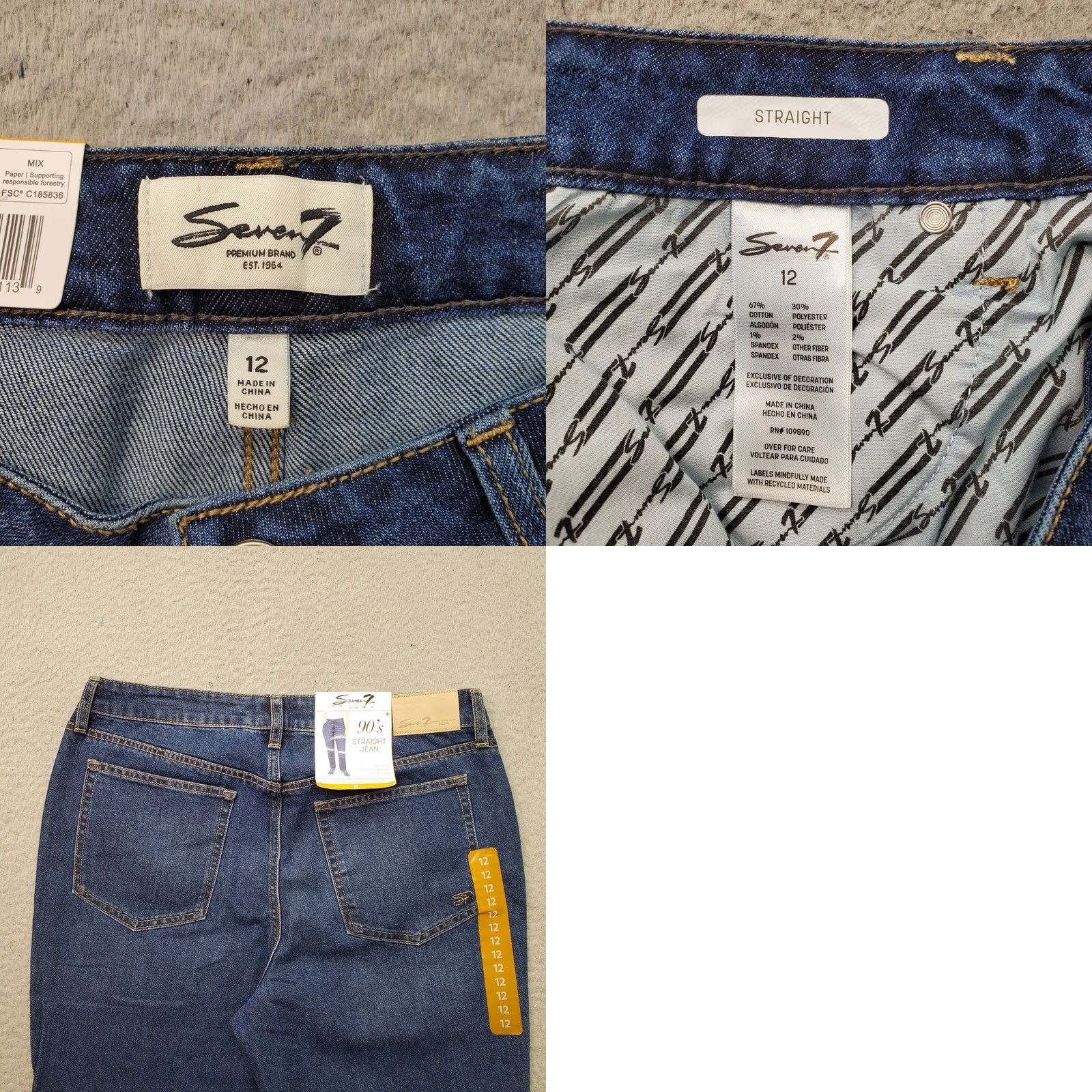 Vintage Seven7 Jeans Womens 12 Blue Denim Stretch Regular Fit Straight High Rise Jeans Size 34" / US 12 / IT 48 - 8 Thumbnail